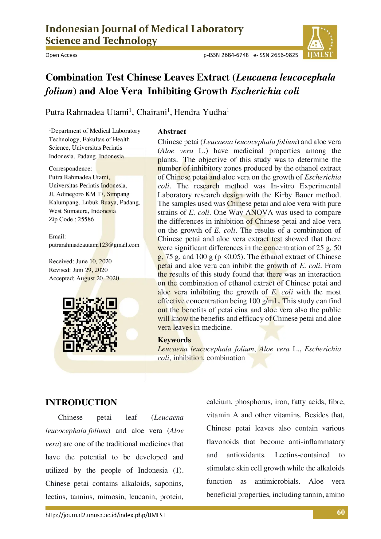 juris COMBINATION TEST OF CHINESE LEAF EXTRACT Leucaena leucocephala folium AND ALOE VERA INHIBITING GROWTH Escherichia coli