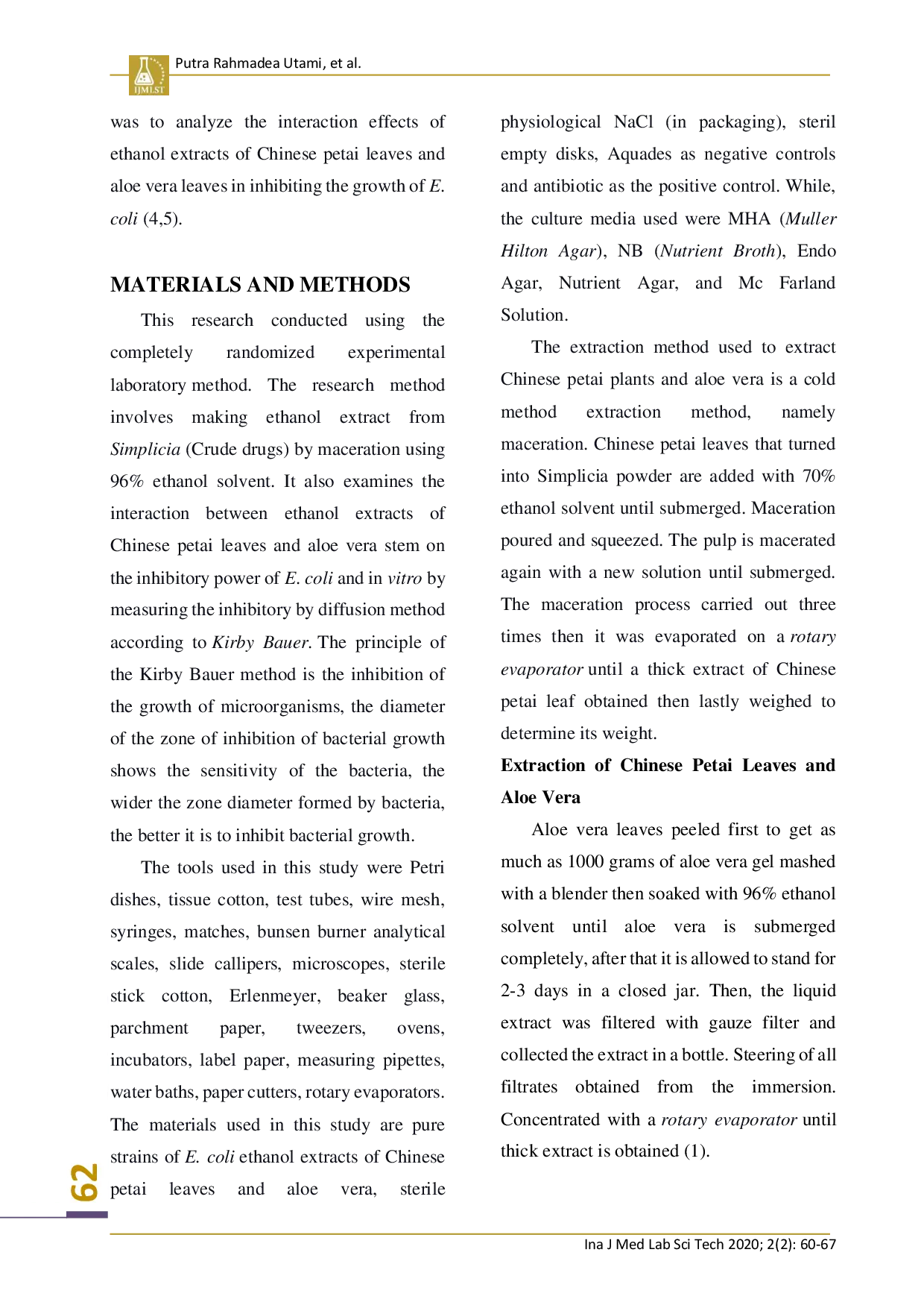 juris COMBINATION TEST OF CHINESE LEAF EXTRACT Leucaena leucocephala folium AND ALOE VERA INHIBITING GROWTH Escherichia coli