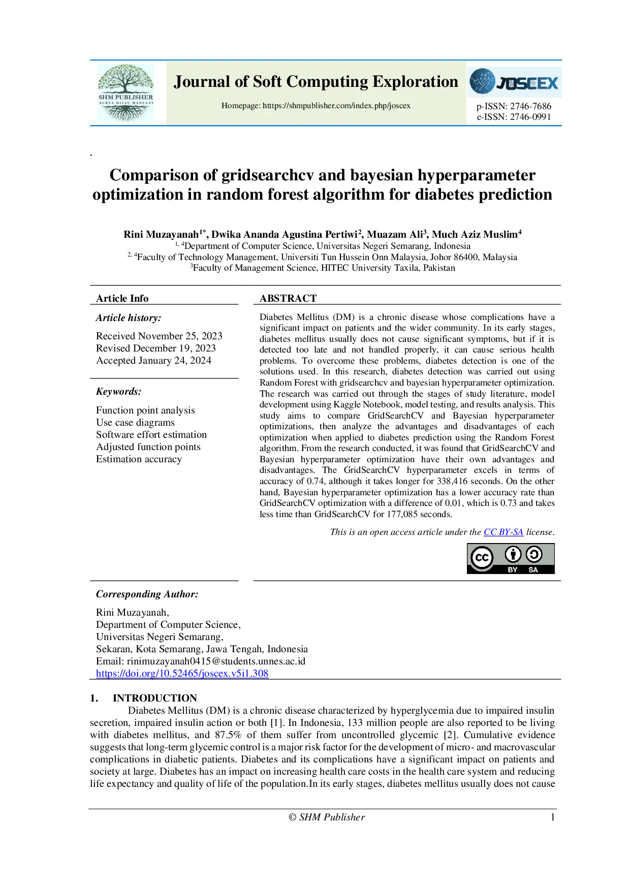JURIS Comparison of gridsearchcv and bayesian hyperparameter optimization in random forest algorithm for diabetes prediction