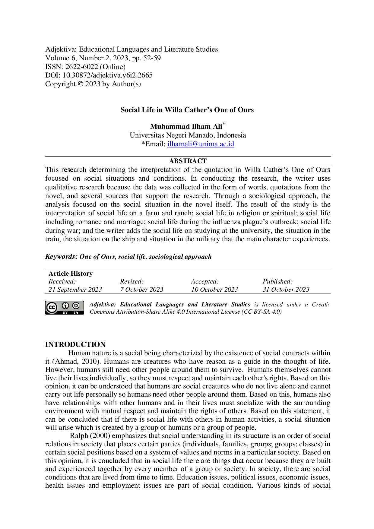 JURIS Social Life in Willa Cather s One of Ours