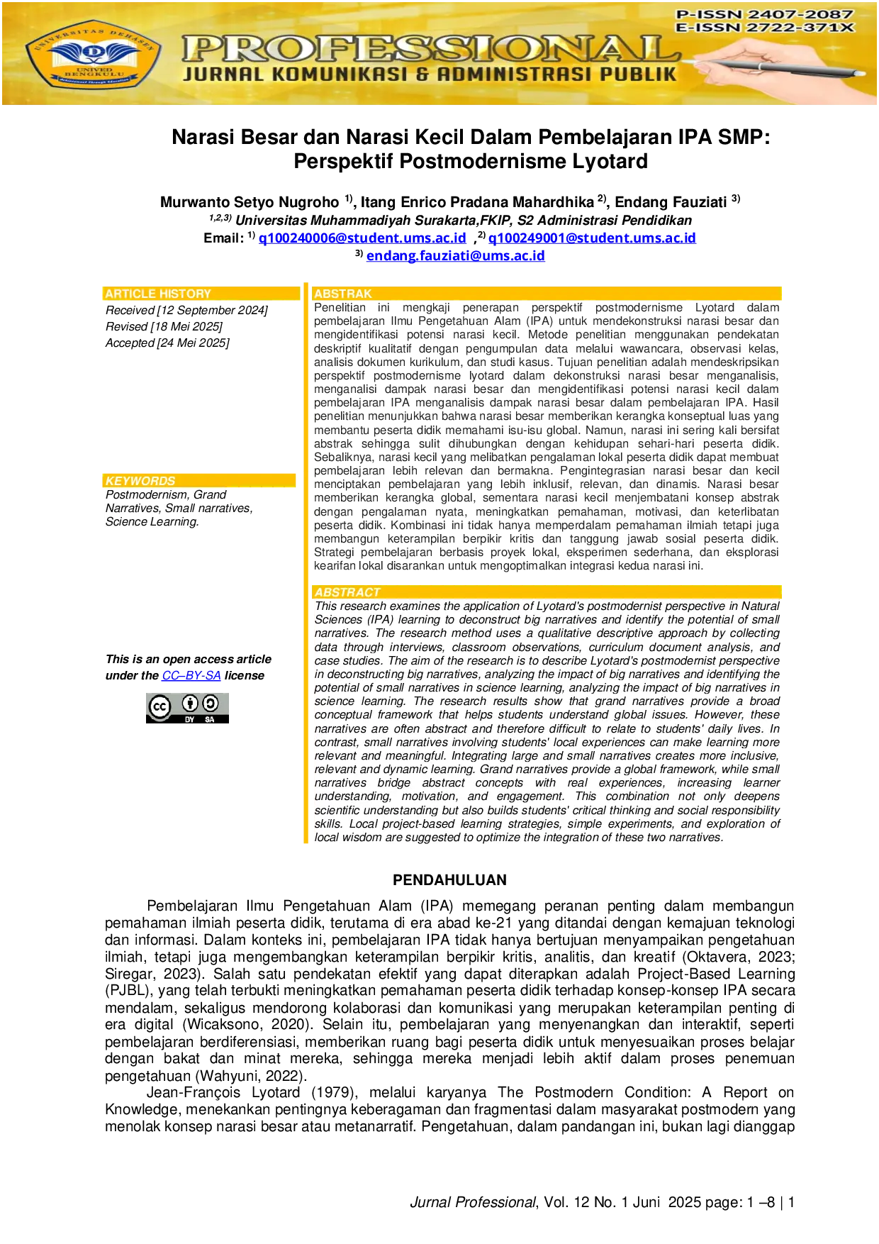JURIS Narasi Besar dan Narasi Kecil Dalam Pembelajaran IPA SMP Perspektif Postmodernisme Lyotard