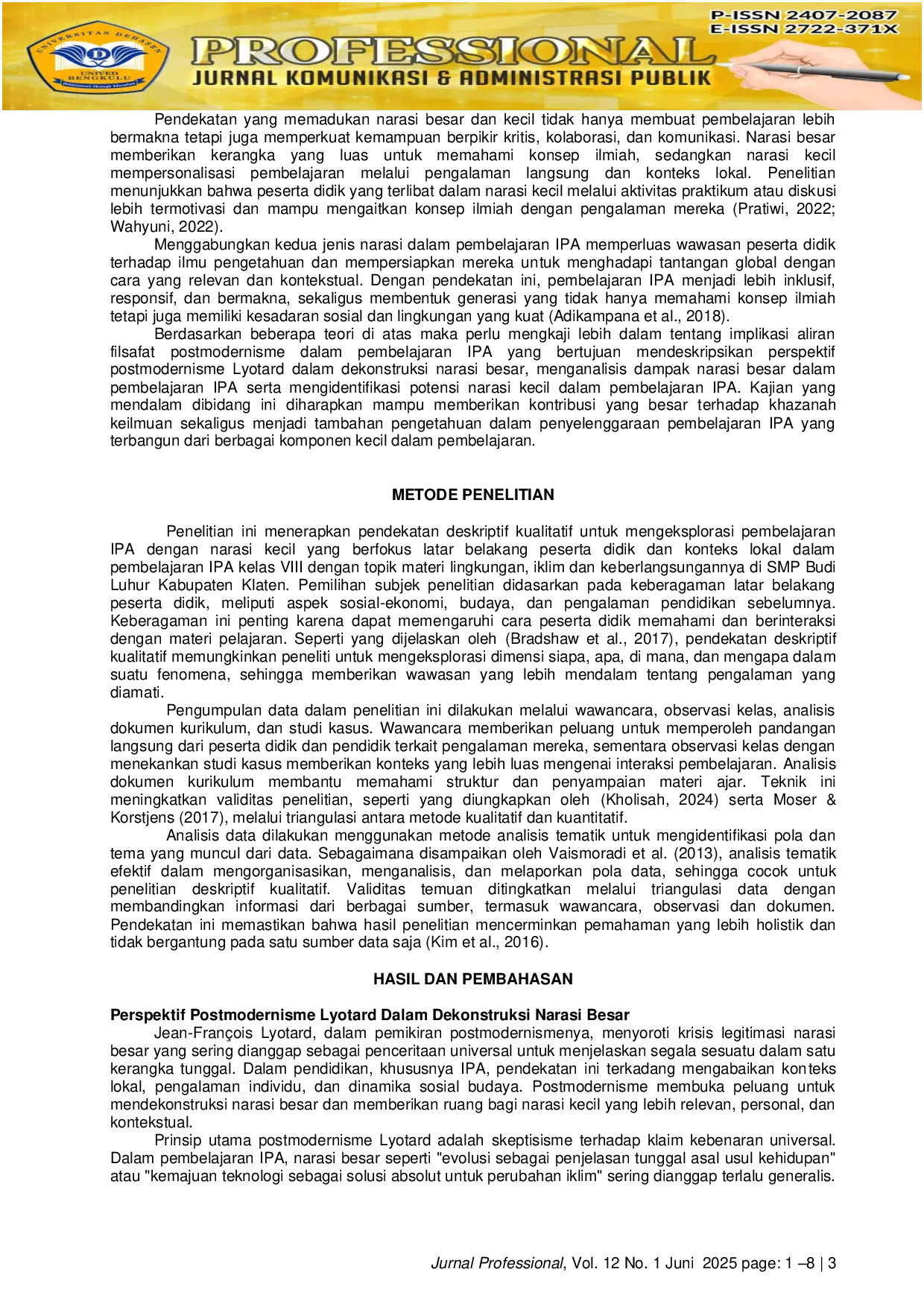 JURIS Narasi Besar dan Narasi Kecil Dalam Pembelajaran IPA SMP Perspektif Postmodernisme Lyotard