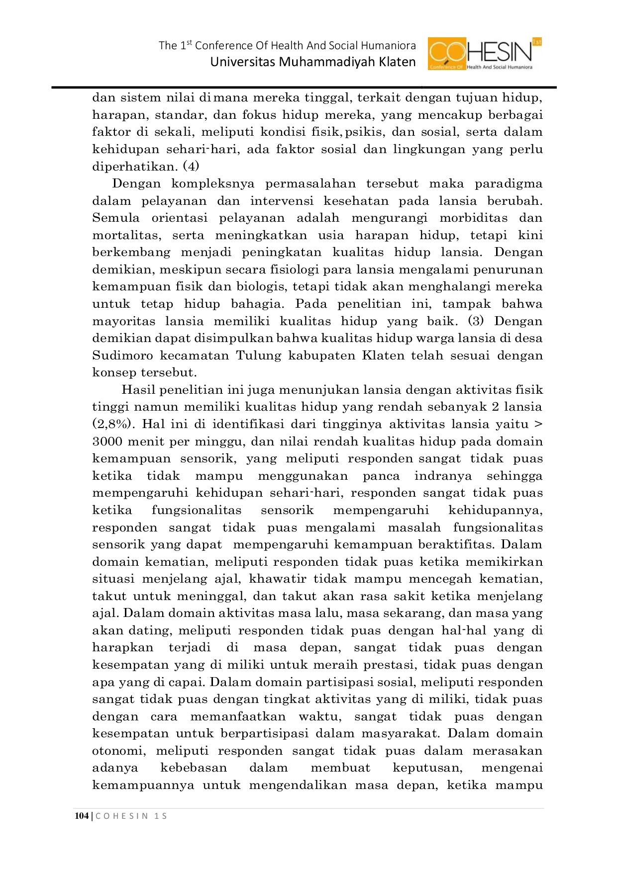 JURIS Hubungan Aktivitas Fisik dengan Kualitas Hidup Lansia Usia 60 69 Tahun di Desa Sudimoro Kecamatan Tulung Kabupaten Klaten