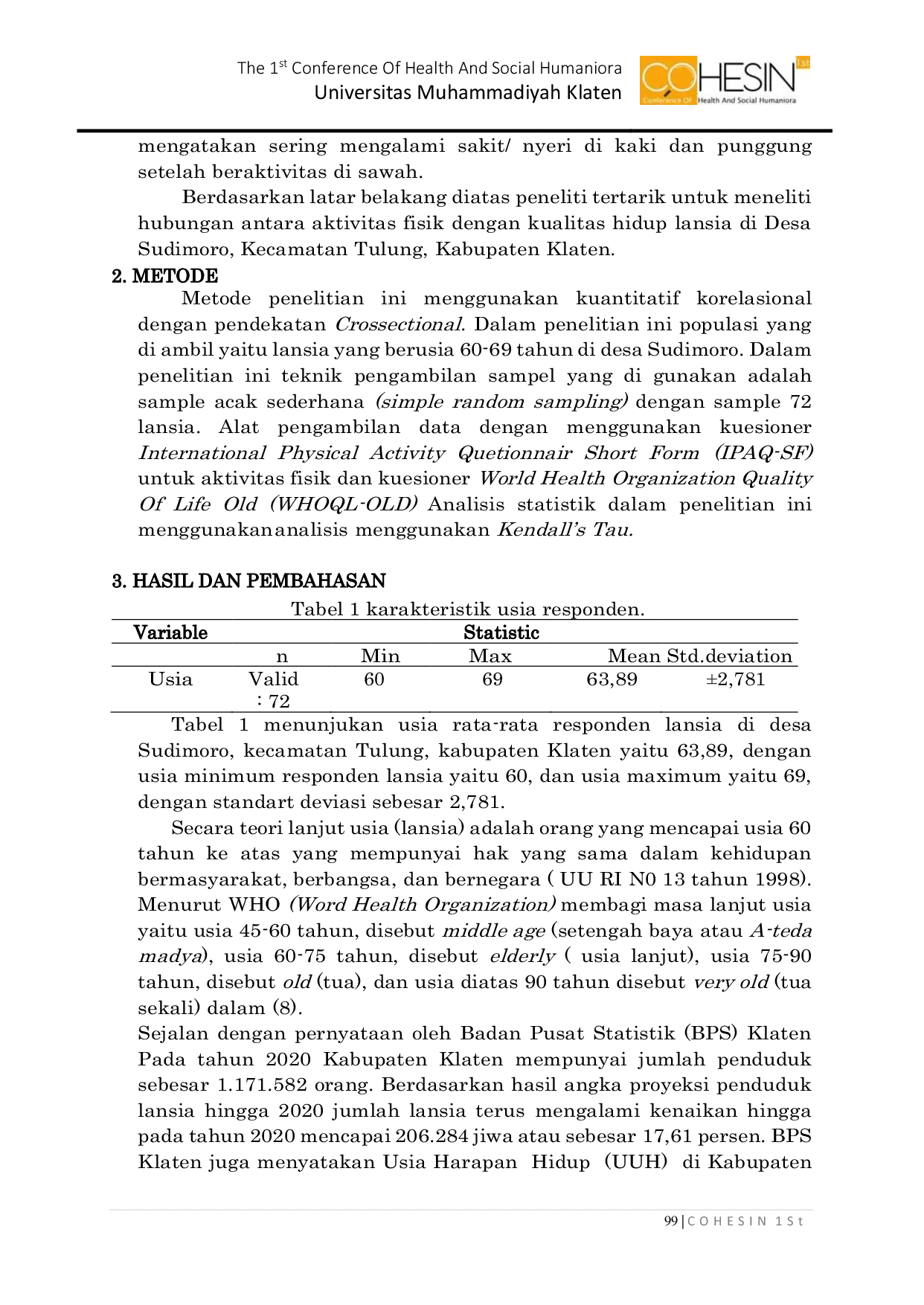 JURIS Hubungan Aktivitas Fisik dengan Kualitas Hidup Lansia Usia 60 69 Tahun di Desa Sudimoro Kecamatan Tulung Kabupaten Klaten