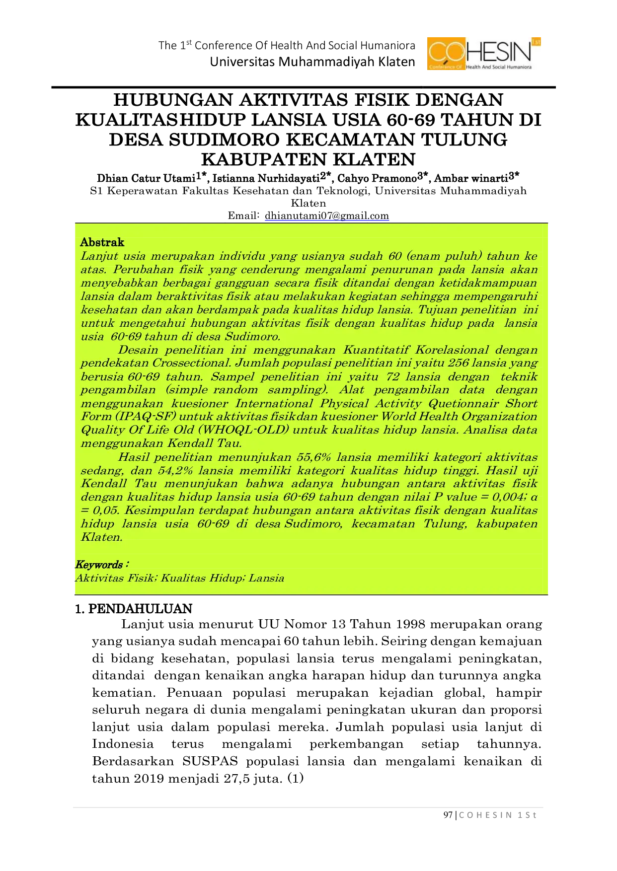 JURIS Hubungan Aktivitas Fisik dengan Kualitas Hidup Lansia Usia 60 69 Tahun di Desa Sudimoro Kecamatan Tulung Kabupaten Klaten