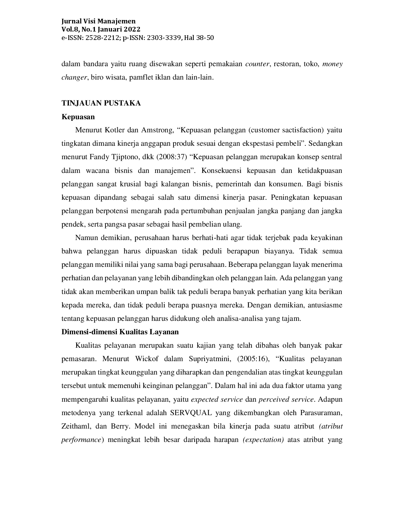 juris Pengaruh Aspek Kualitas Pelayanan Terhadap Kepuasan Penumpang Di Bandara Internasional Ahmad Yani Semarang