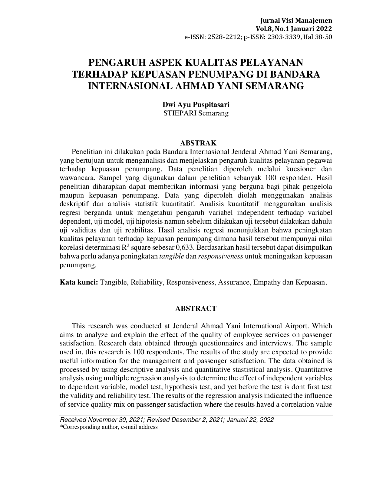 juris Pengaruh Aspek Kualitas Pelayanan Terhadap Kepuasan Penumpang Di Bandara Internasional Ahmad Yani Semarang