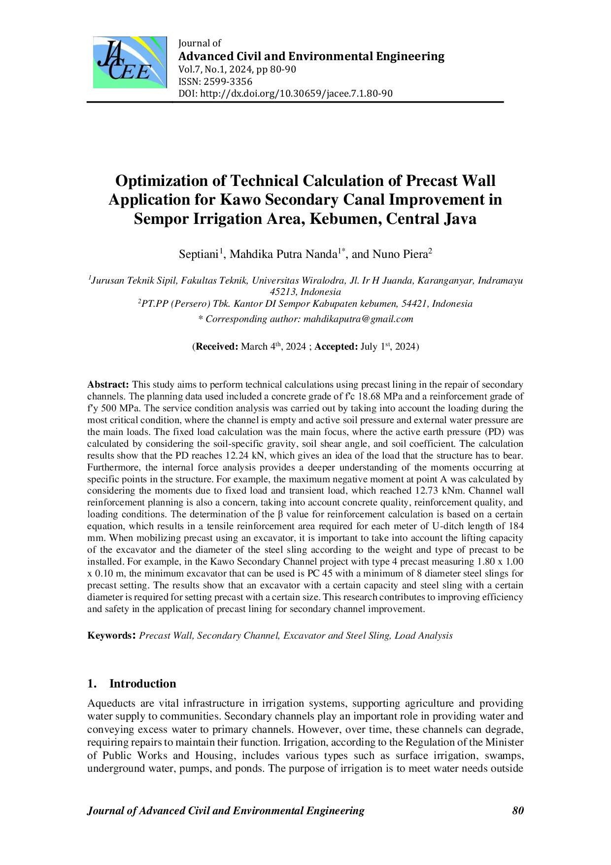 JURIS Optimization of Technical Calculation of Precast Wall Application for Kawo Secondary Canal Improvement in Sempor Irrigation Area Kebumen Central Java