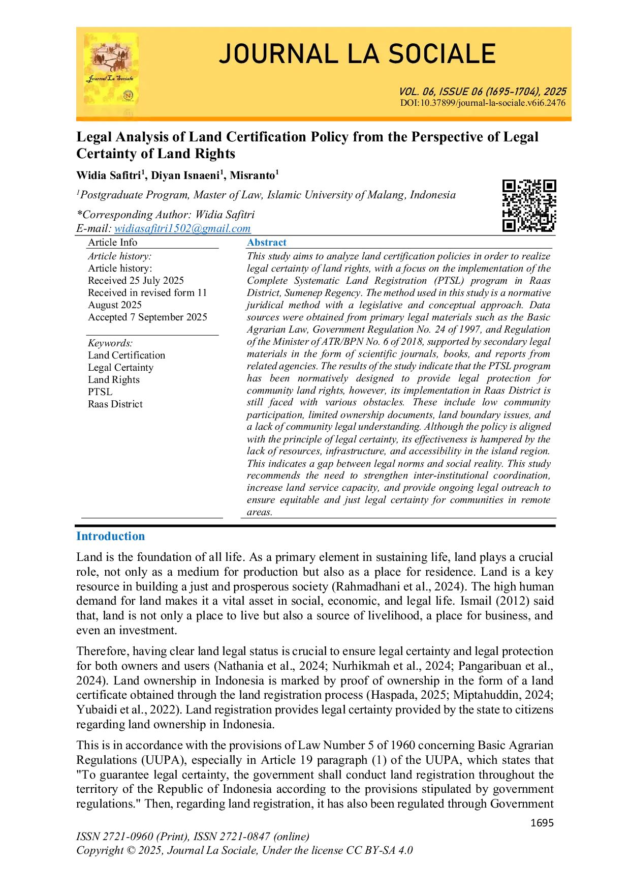 JURIS Legal Analysis of Land Certification Policy from the Perspective of Legal Certainty of Land Rights