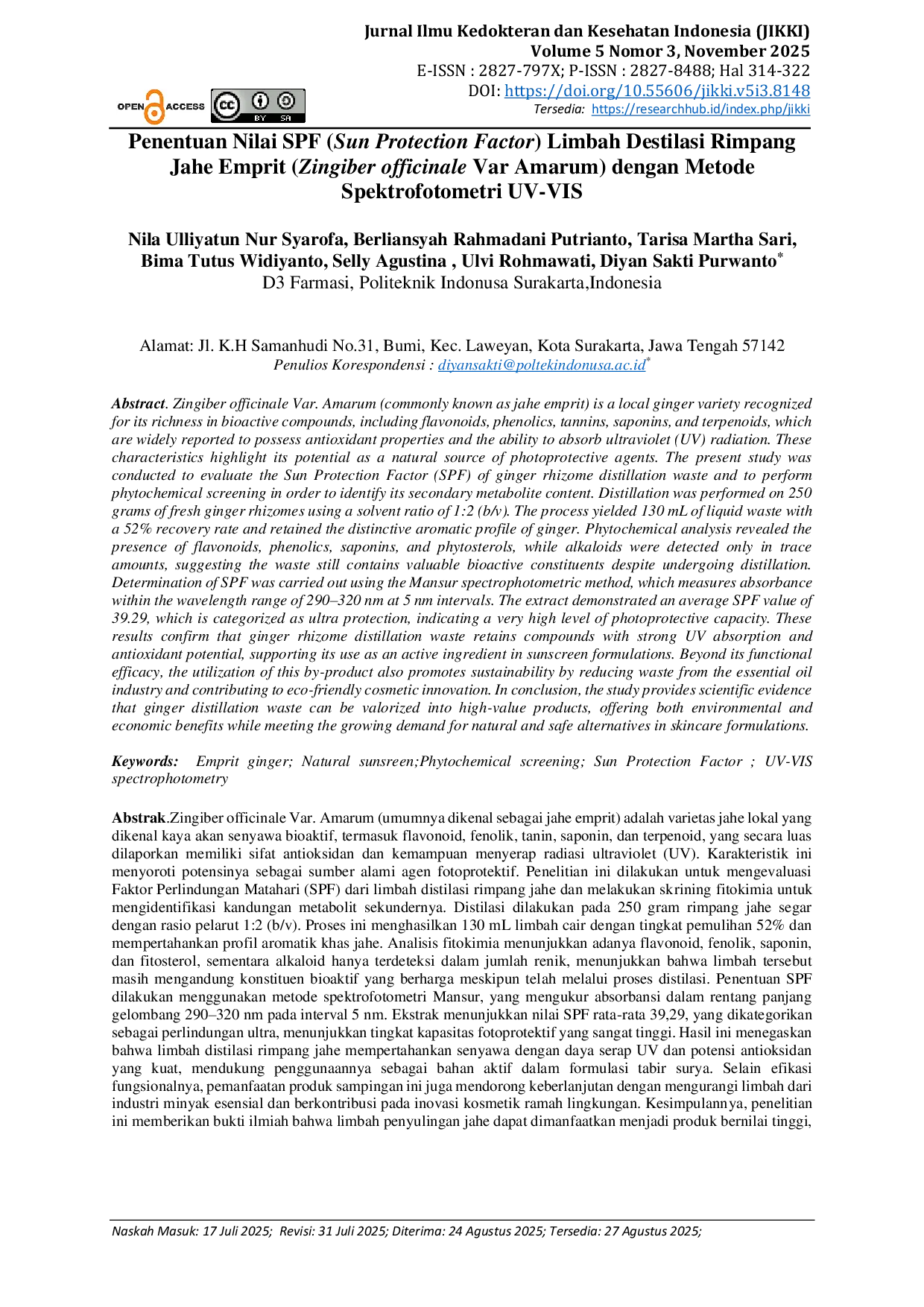 JURIS Penentuan Nilai SPF Sun Protection Factor Limbah Destilasi Rimpang Jahe Emprit Zingiber officinale Var Amarum dengan Metode Spektrofotometri UV VIS