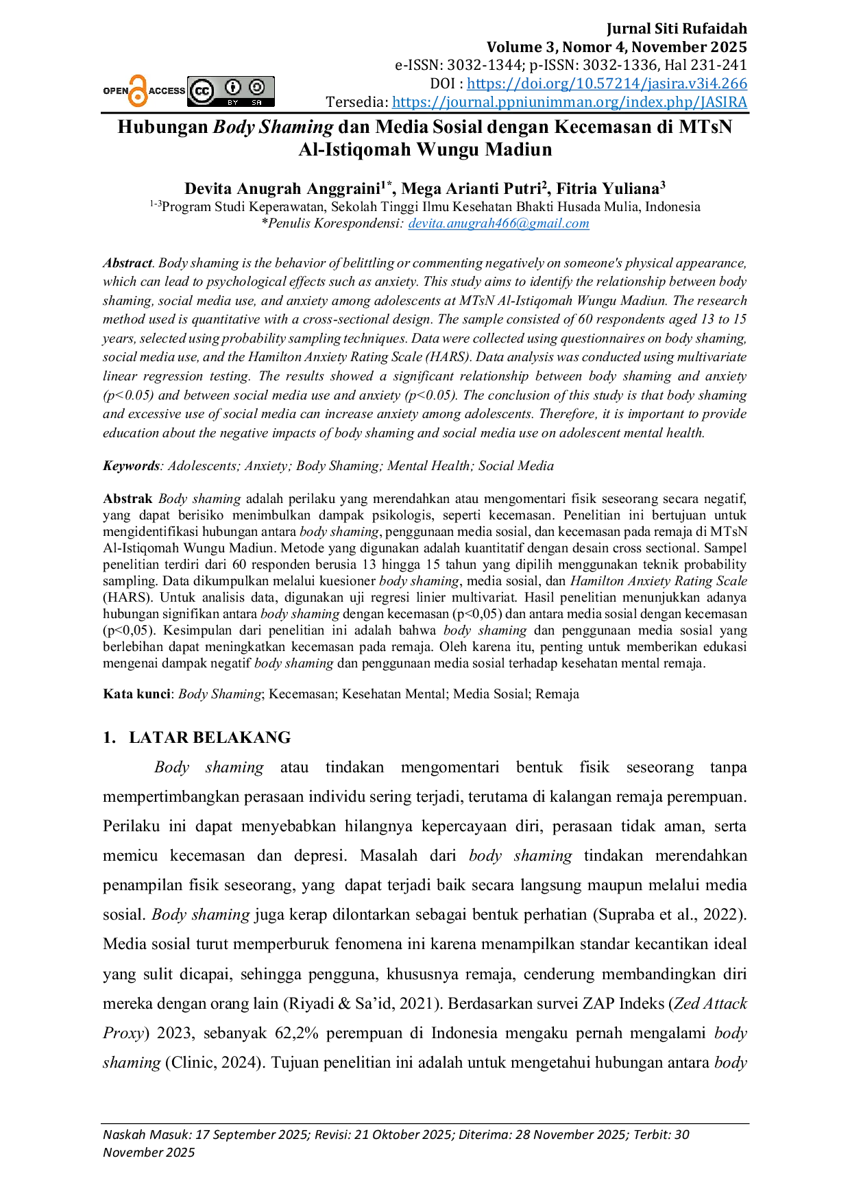 JURIS Hubungan Body Shaming dan Media Sosial dengan Kecemasan di MTsN Al Istiqomah Wungu Madiun