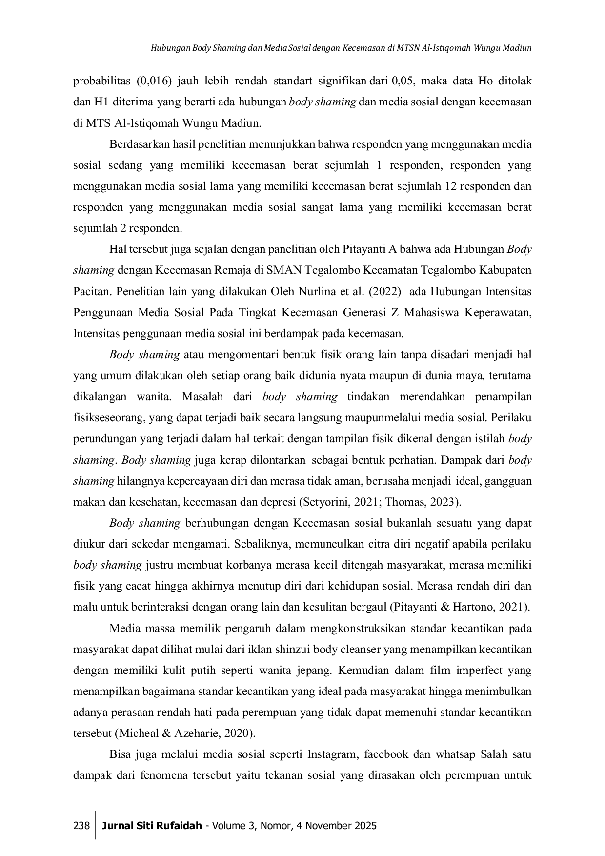 JURIS Hubungan Body Shaming dan Media Sosial dengan Kecemasan di MTsN Al Istiqomah Wungu Madiun