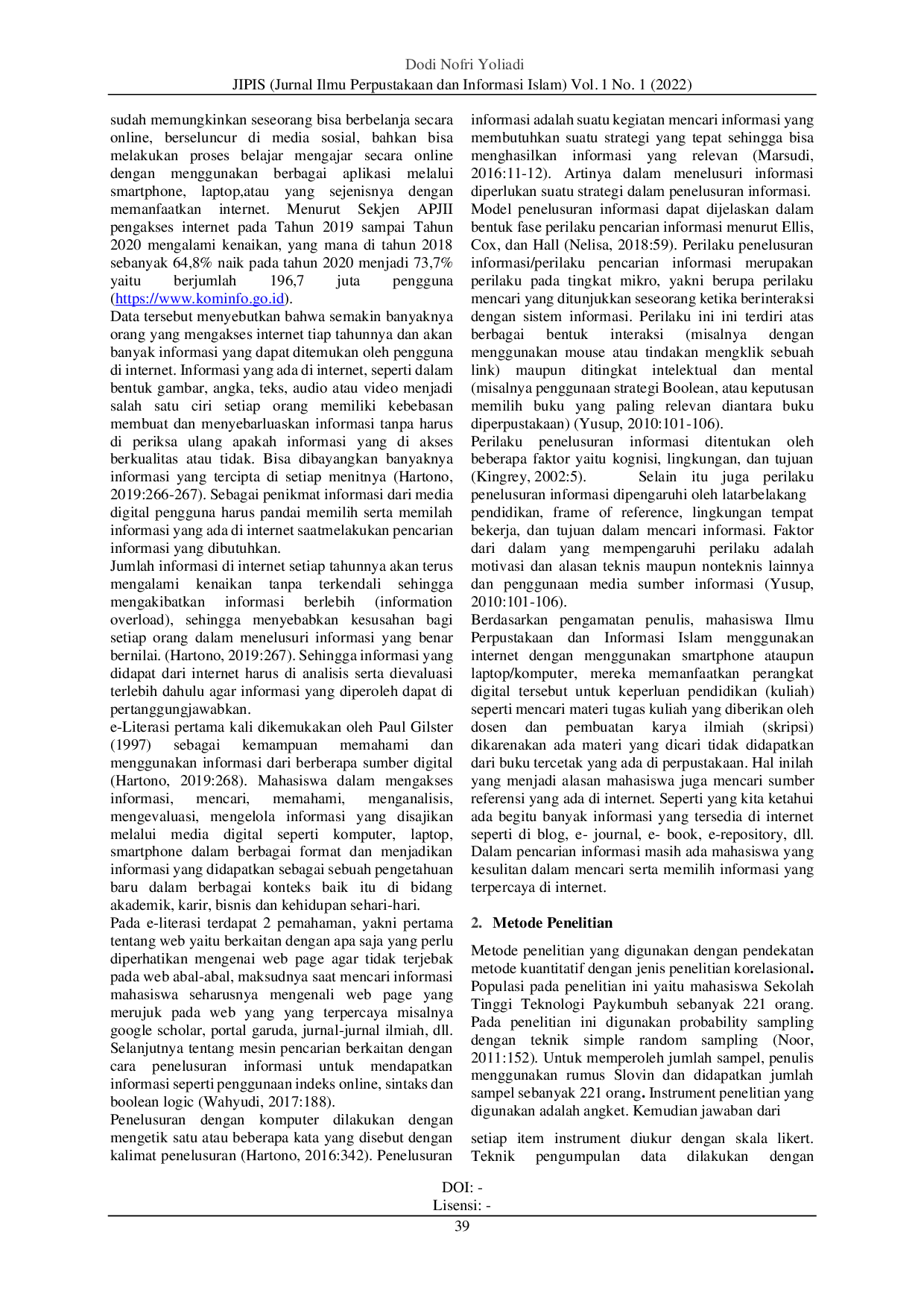 juris Korelasi E Literasi Terhadap Perilaku Pencarian Informasi Ilmiah di Internet oleh Mahasiswa Sekolah Tinggi Teknologi Payakumbuh