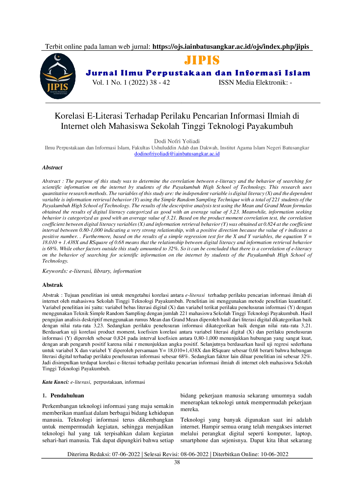 juris Korelasi E Literasi Terhadap Perilaku Pencarian Informasi Ilmiah di Internet oleh Mahasiswa Sekolah Tinggi Teknologi Payakumbuh