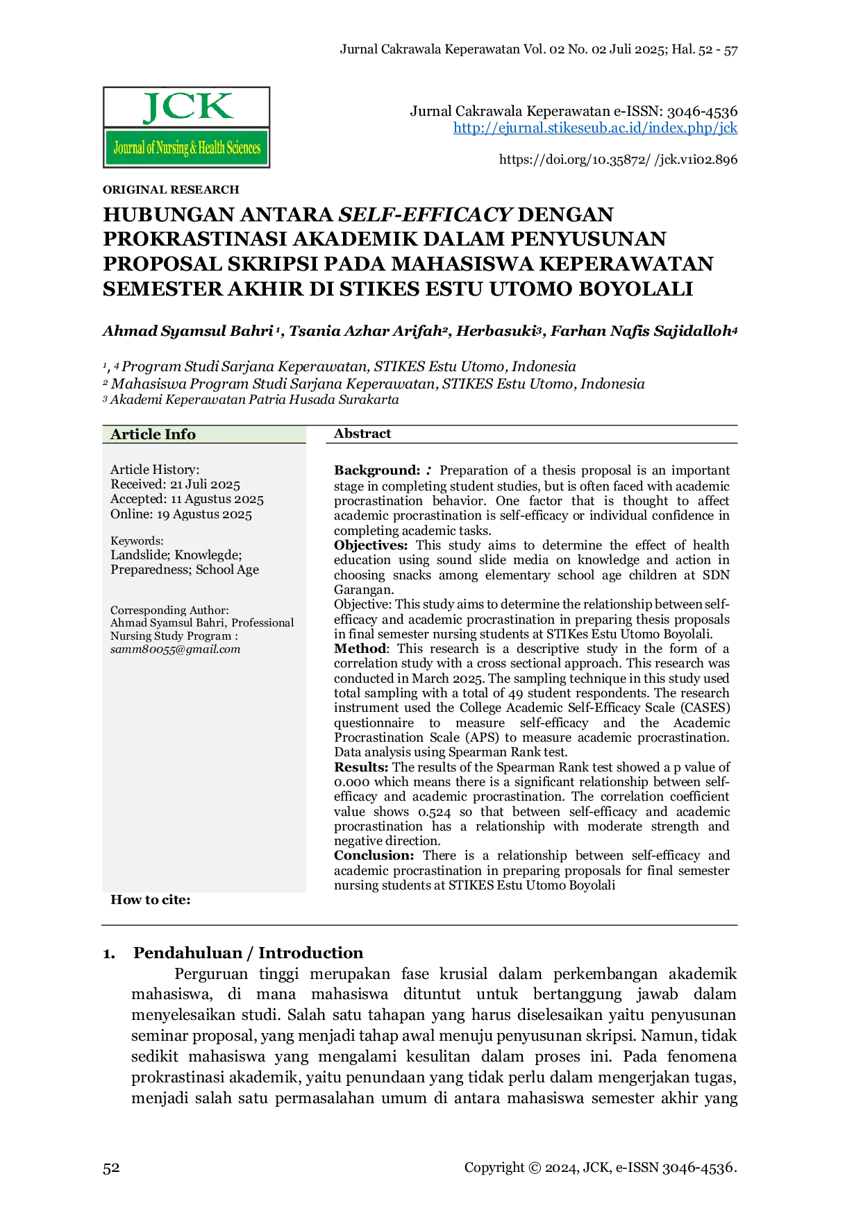 JURIS Hubungan Antara Self Efficacy Dengan Prokrastinasi Akademik Dalam Penyusunan Proposal Skripsi Pada Mahasiswa Keperawatan Semester Akhir Di Stikes Estu Utomo Boyolali