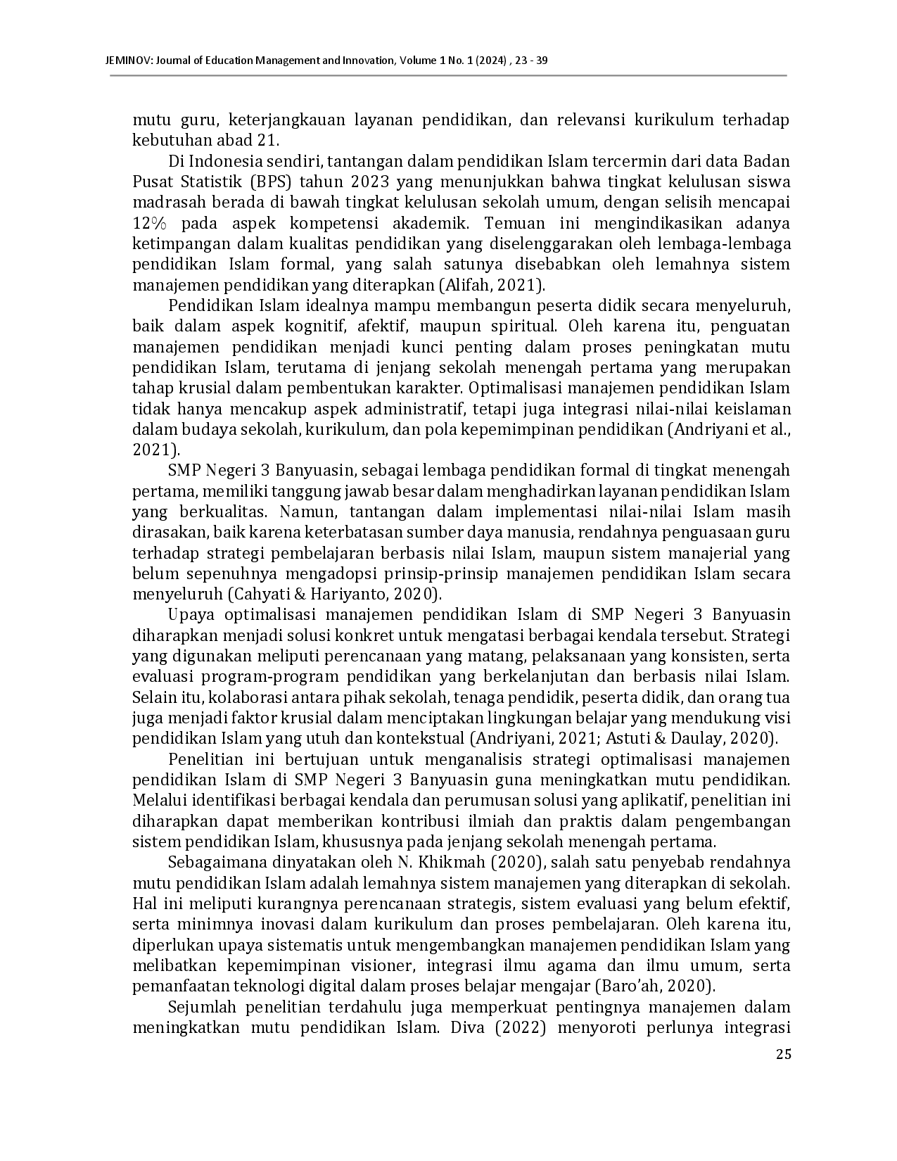 juris Strategi Optimalisasi Manajemen Pendidikan Islam Untuk Meningkatkan Mutu Pendidikan Di SMP Negeri 3 Banyuasin