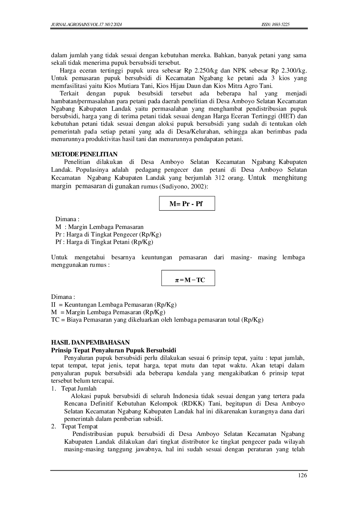 JURIS Pemasaran Pupuk Bersubsidi di Desa Amboyo Selatan Kecamatan Ngabang Kabupaten Landak