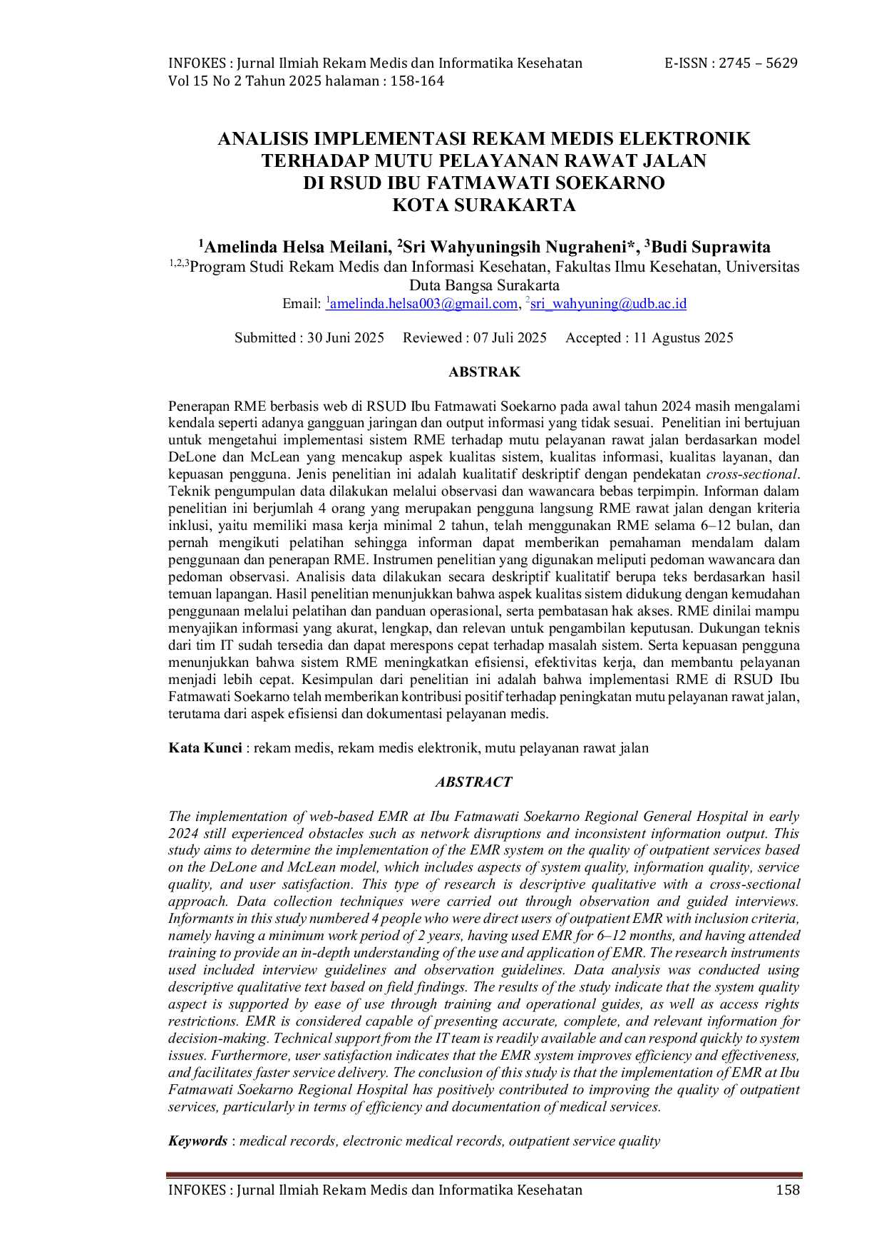 JURIS Analisis Implementasi Rekam Medis Elektronik Terhadap Mutu Pelayanan Rawat Jalan di RSUD Ibu Fatmawati Soekarno Kota Surakarta