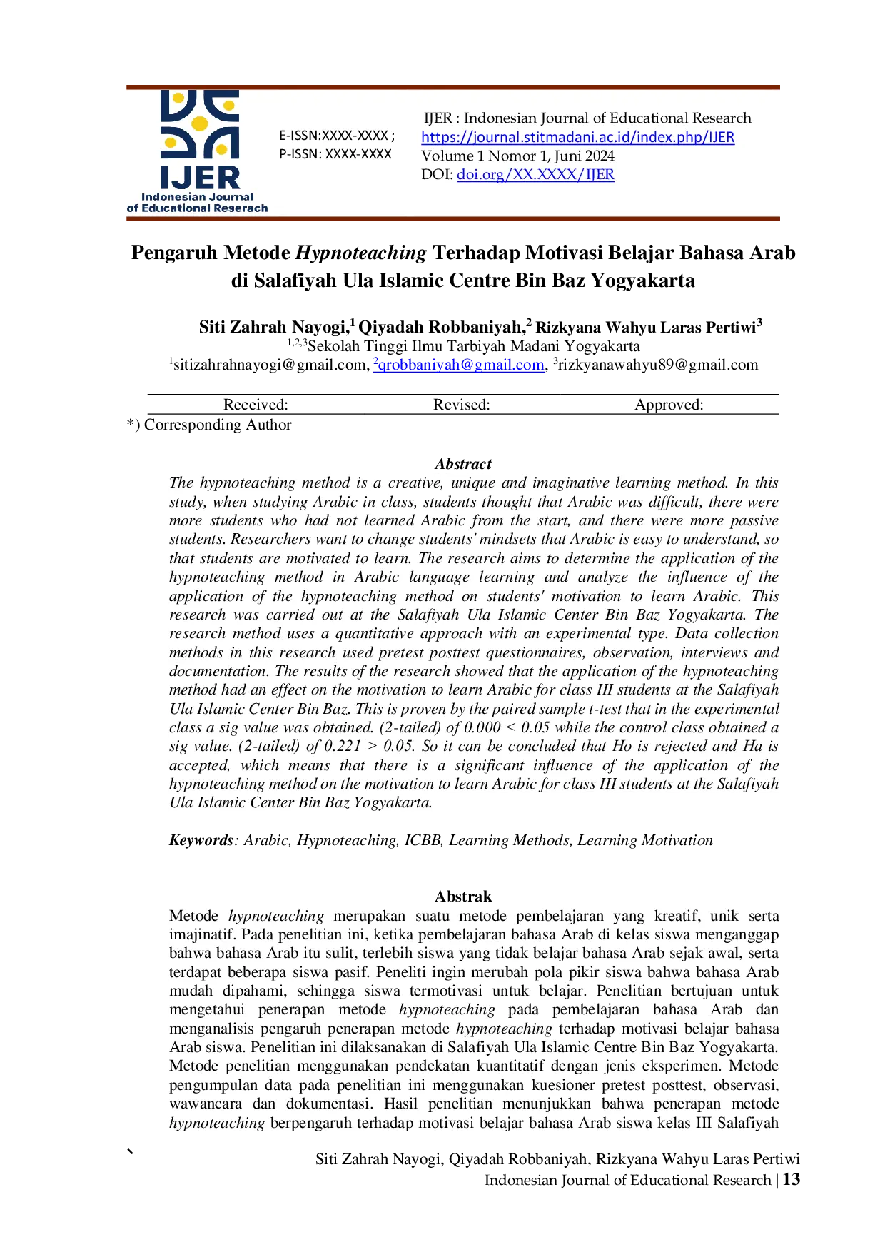 JURIS Pengaruh Metode Hypnoteaching Terhadap Motivasi Belajar Bahasa Arab di Salafiyah Ula Islamic Centre Bin Baz Yogyakarta