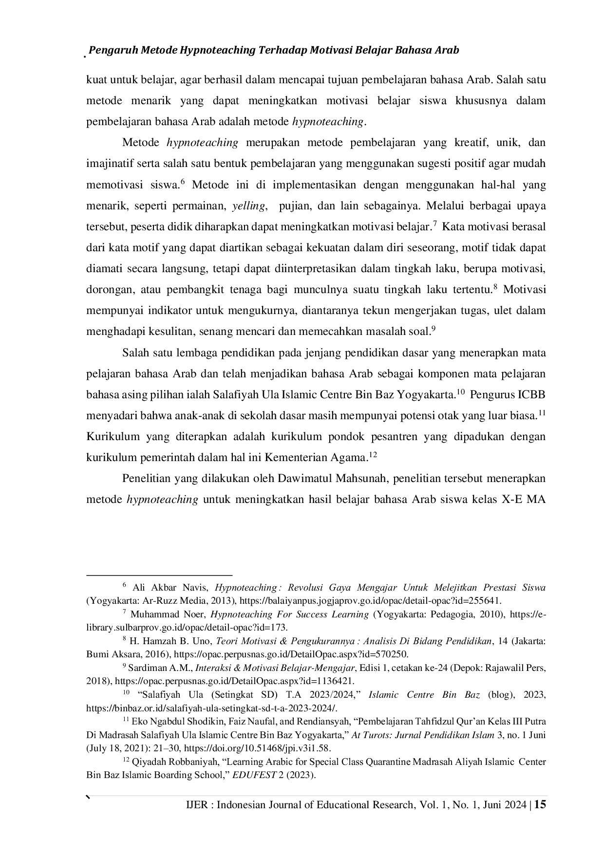 JURIS Pengaruh Metode Hypnoteaching Terhadap Motivasi Belajar Bahasa Arab di Salafiyah Ula Islamic Centre Bin Baz Yogyakarta