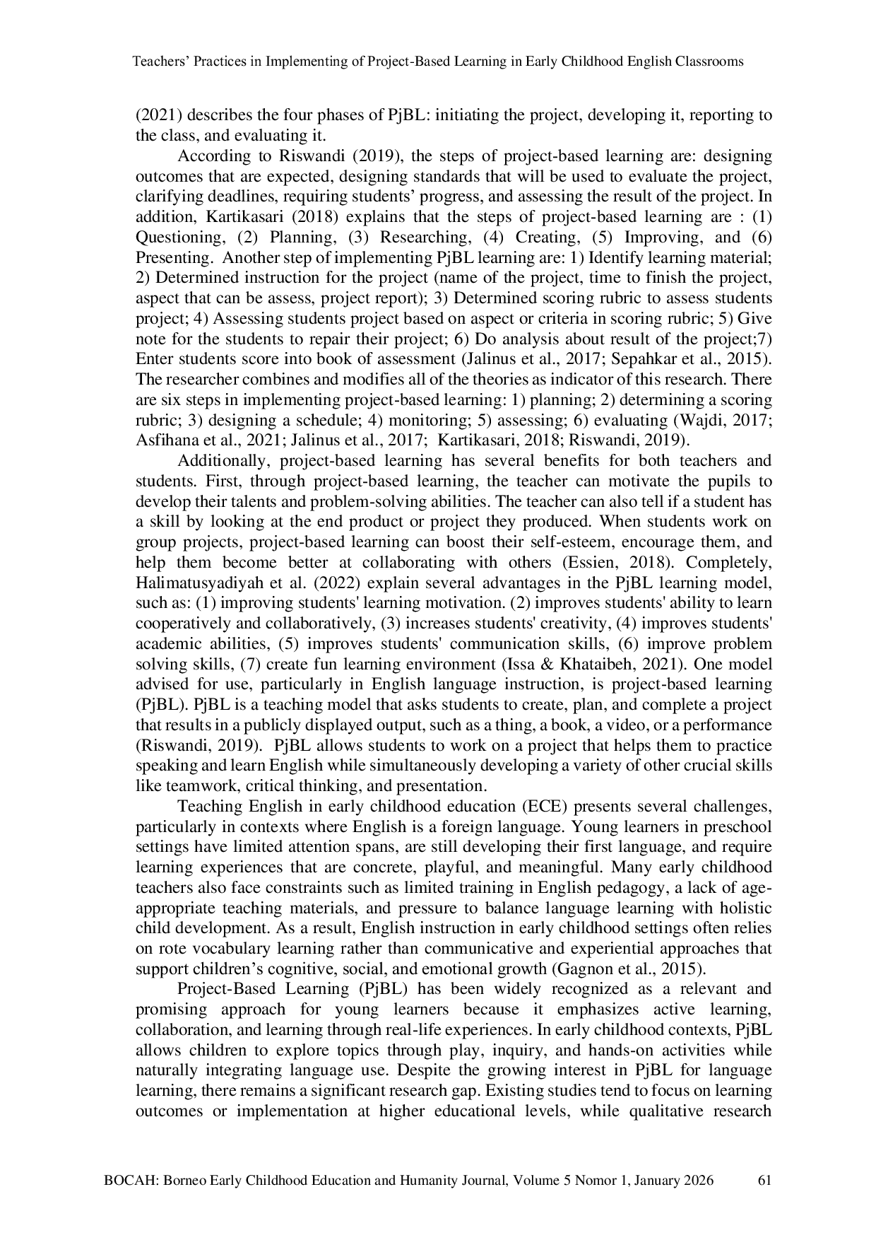 JURIS Teachers Practices in Implementing Project Based Learning in Early Childhood English Classrooms