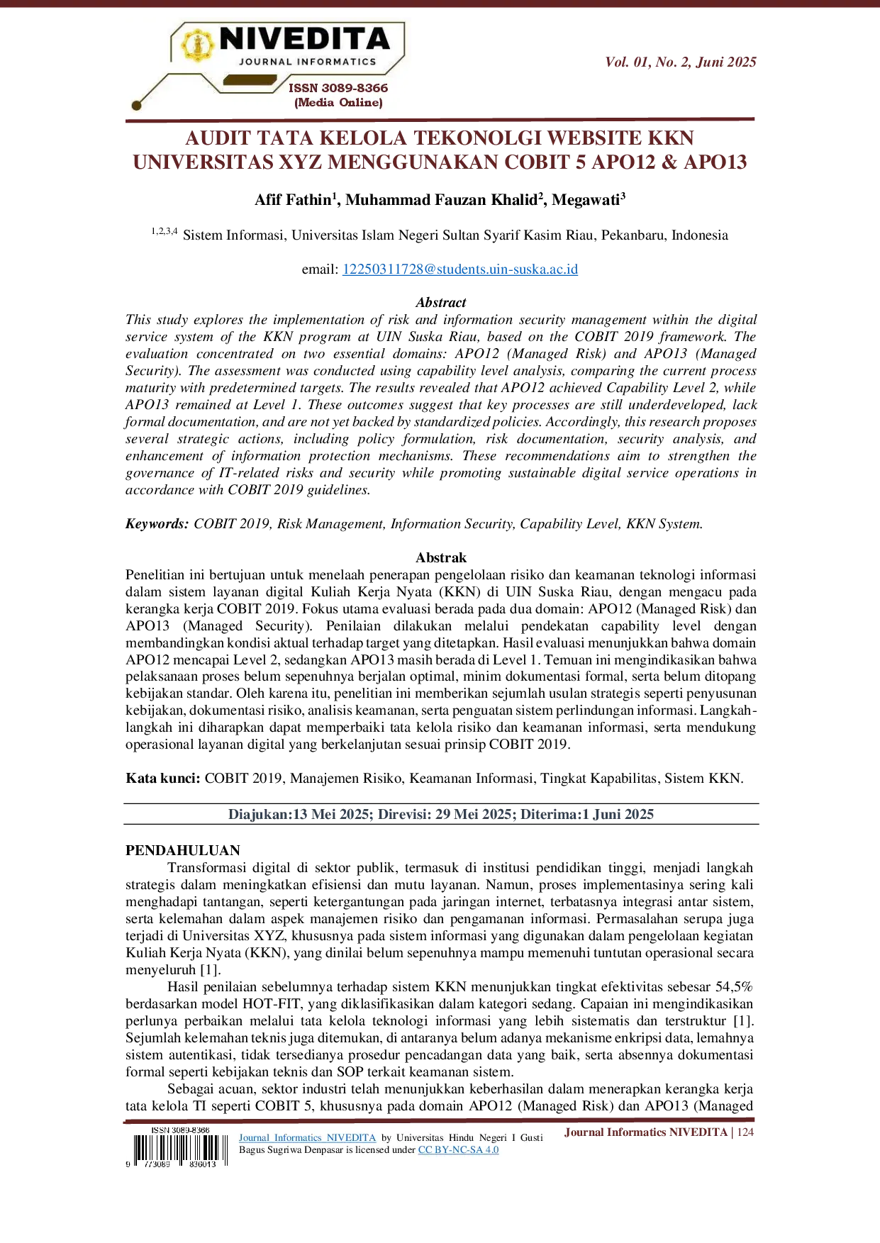 juris Audit Tata Kelola Tekonolgi Website KKN Universitas XYZ Menggunakan Cobit 5 Domain APO12 APO13