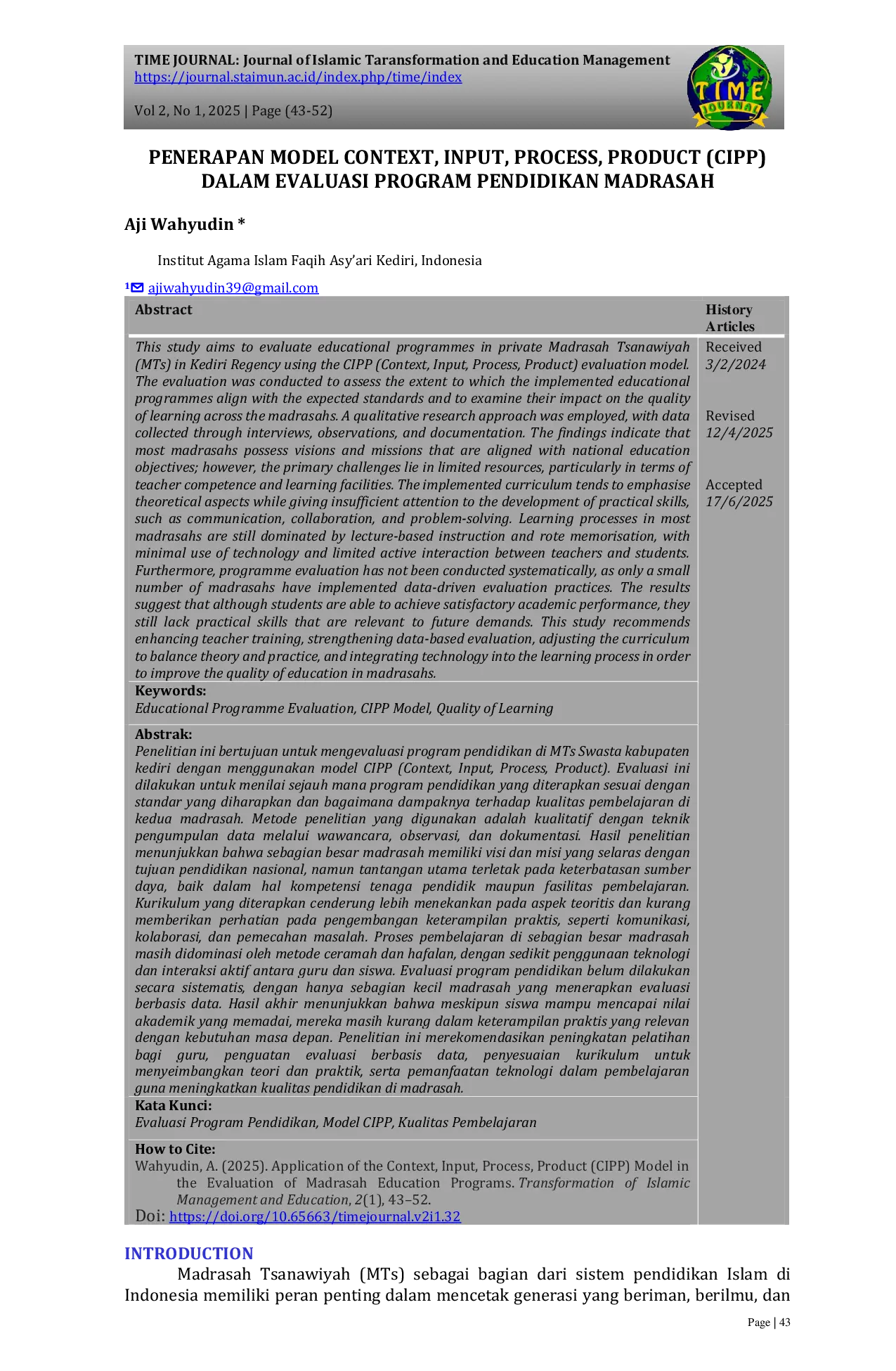 JURIS Application of the Context Input Process Product CIPP Model in the Evaluation of Madrasah Education Programs