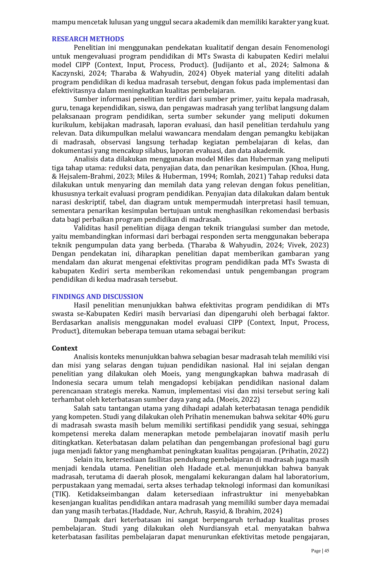 JURIS Application of the Context Input Process Product CIPP Model in the Evaluation of Madrasah Education Programs