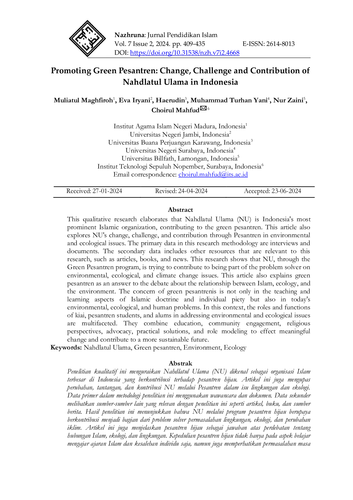 JURIS Promoting Green Pesantren Change Challenge and Contribution of Nahdlatul Ulama in Indonesia