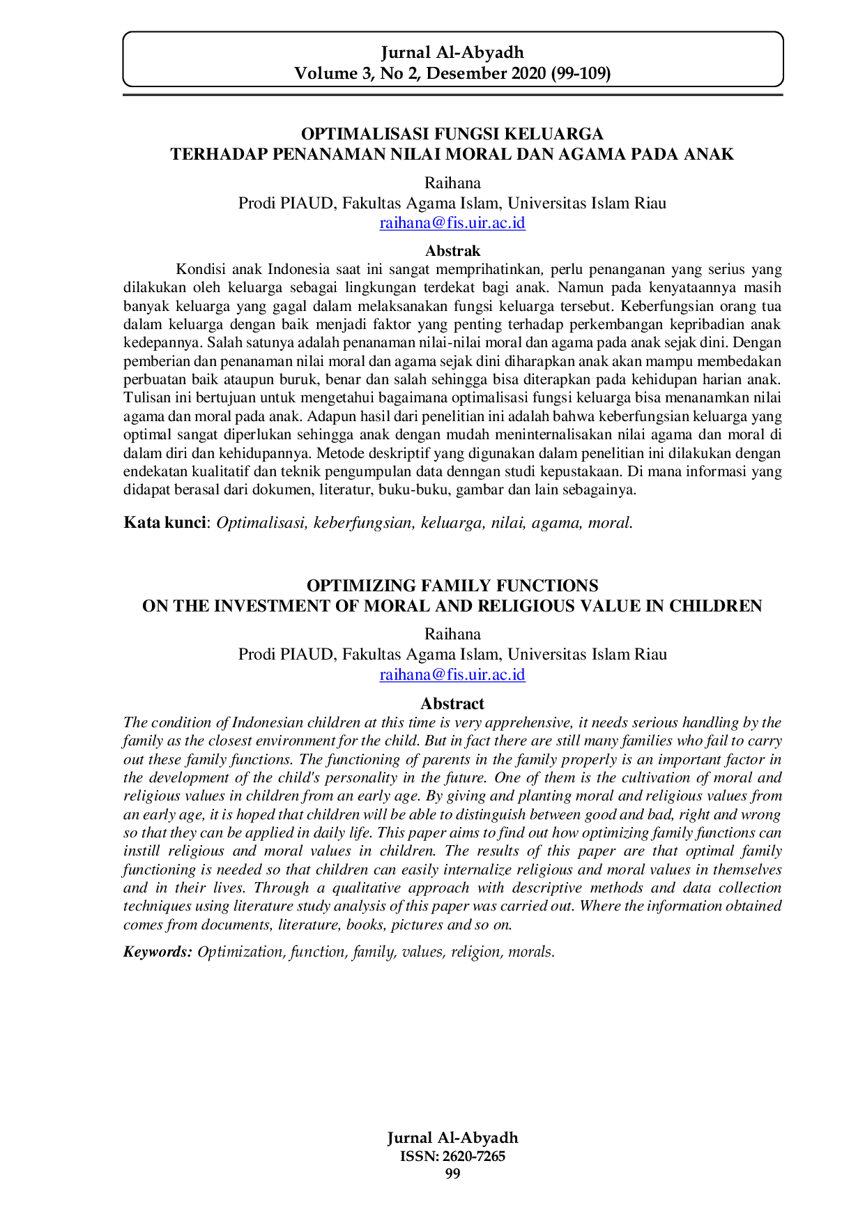 JURIS OPTIMALISASI FUNGSI KELUARGA TERHADAP PENANAMAN NILAI MORAL DAN AGAMA PADA ANAK