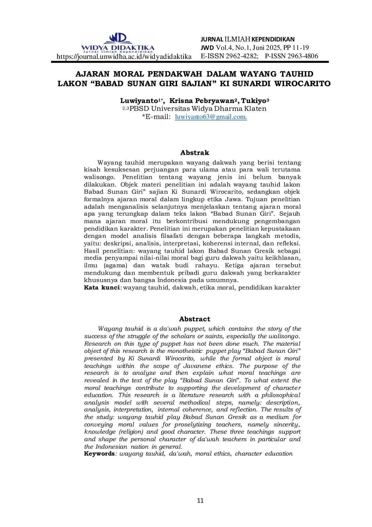 JURIS Ajaran Moral Pendakwah Dalam Wayang Tauhid Lakon Babad Sunan Giri Sajian Ki Sunardi Wirocarito
