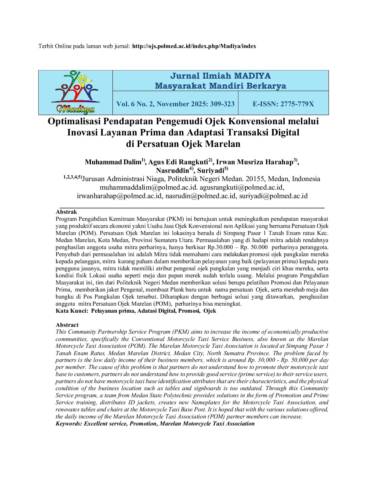 JURIS Optimalisasi Pendapatan Pengemudi Ojek Konvensional melalui Inovasi Layanan Prima dan Adaptasi Transaksi Digital di Persatuan Ojek Marelan