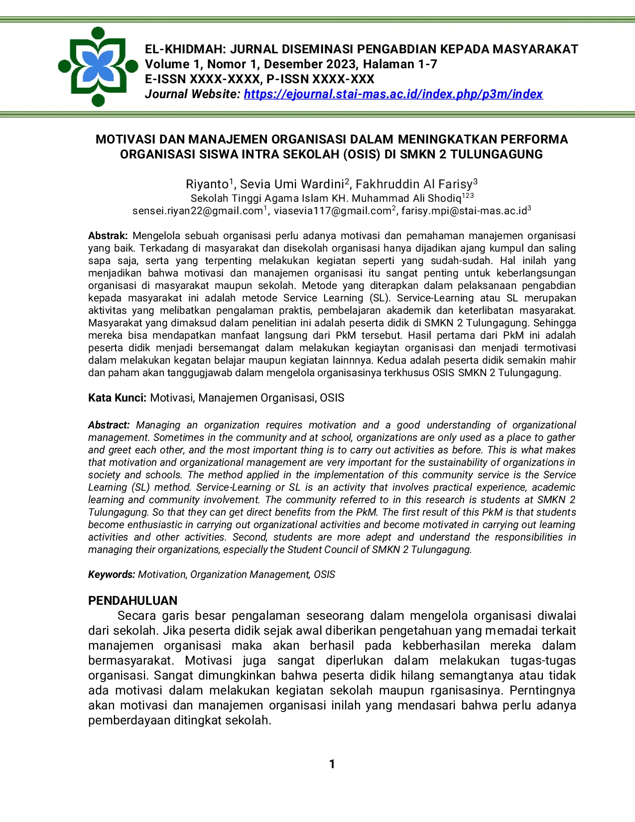 JURIS Motivasi dan Manajemen Organisasi dalam Meningkatkan Performa Organisasi Siswa Intra Sekolah OSIS di SMKN 2 Tulungagung