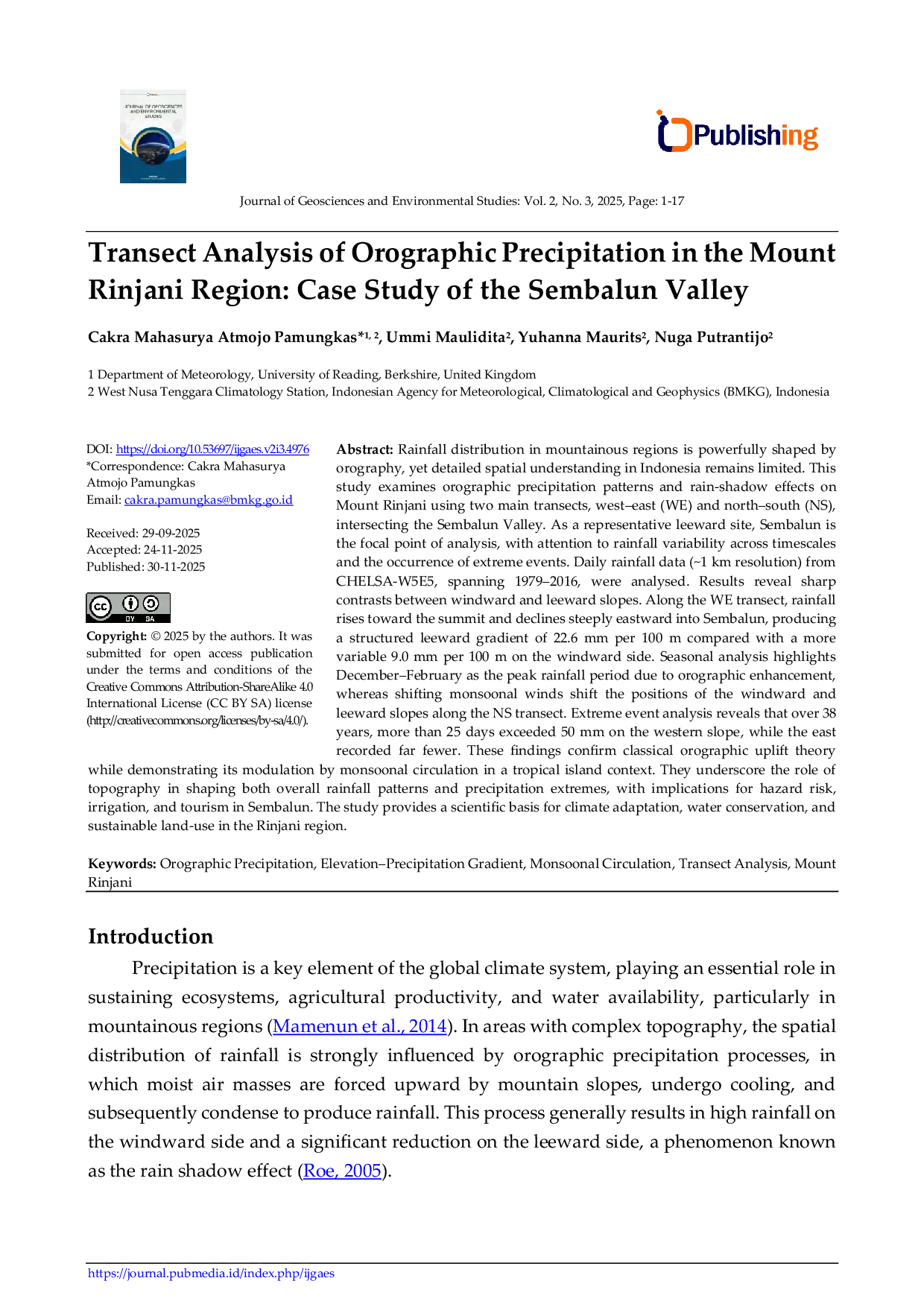 JURIS Transect Analysis of Orographic Precipitation in the Mount Rinjani Region Case Study of the Sembalun Valley