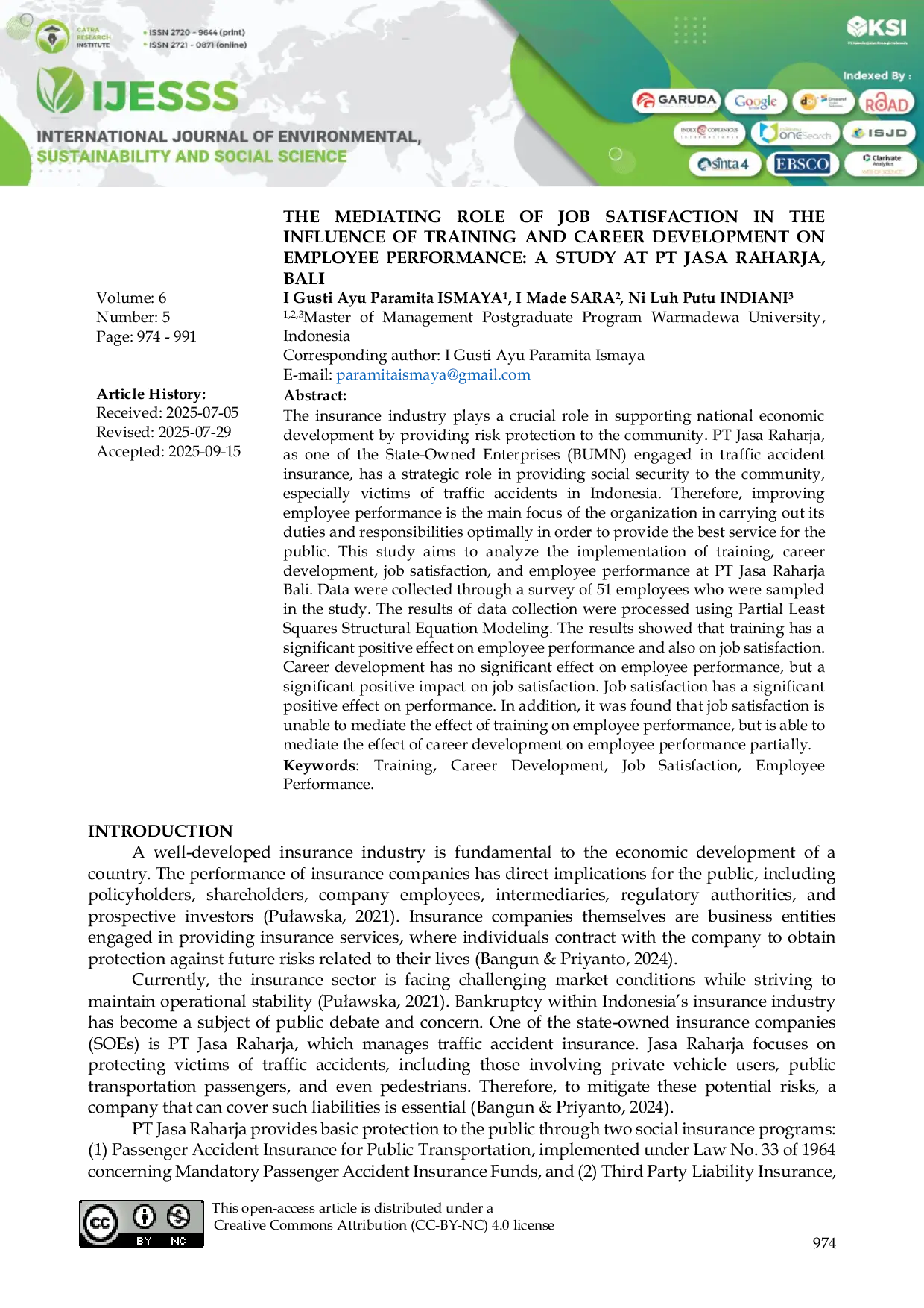 JURIS The Mediating Role of Job Satisfaction in the Influence of Training and Career Development on Employee Performance A Study at PT Jasa Raharja Bali