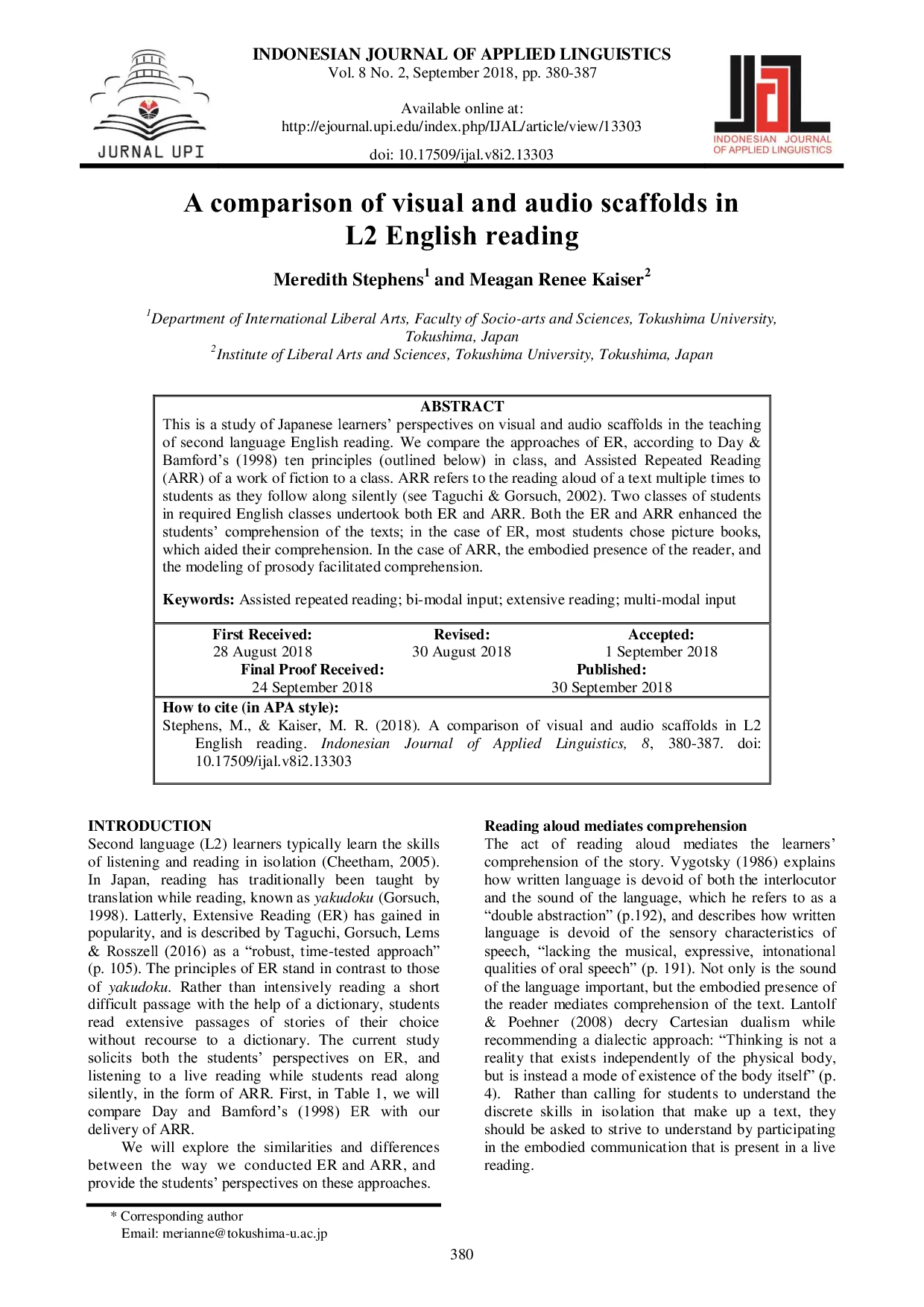 JURIS A comparison of visual and audio scaffolds in L2 English reading