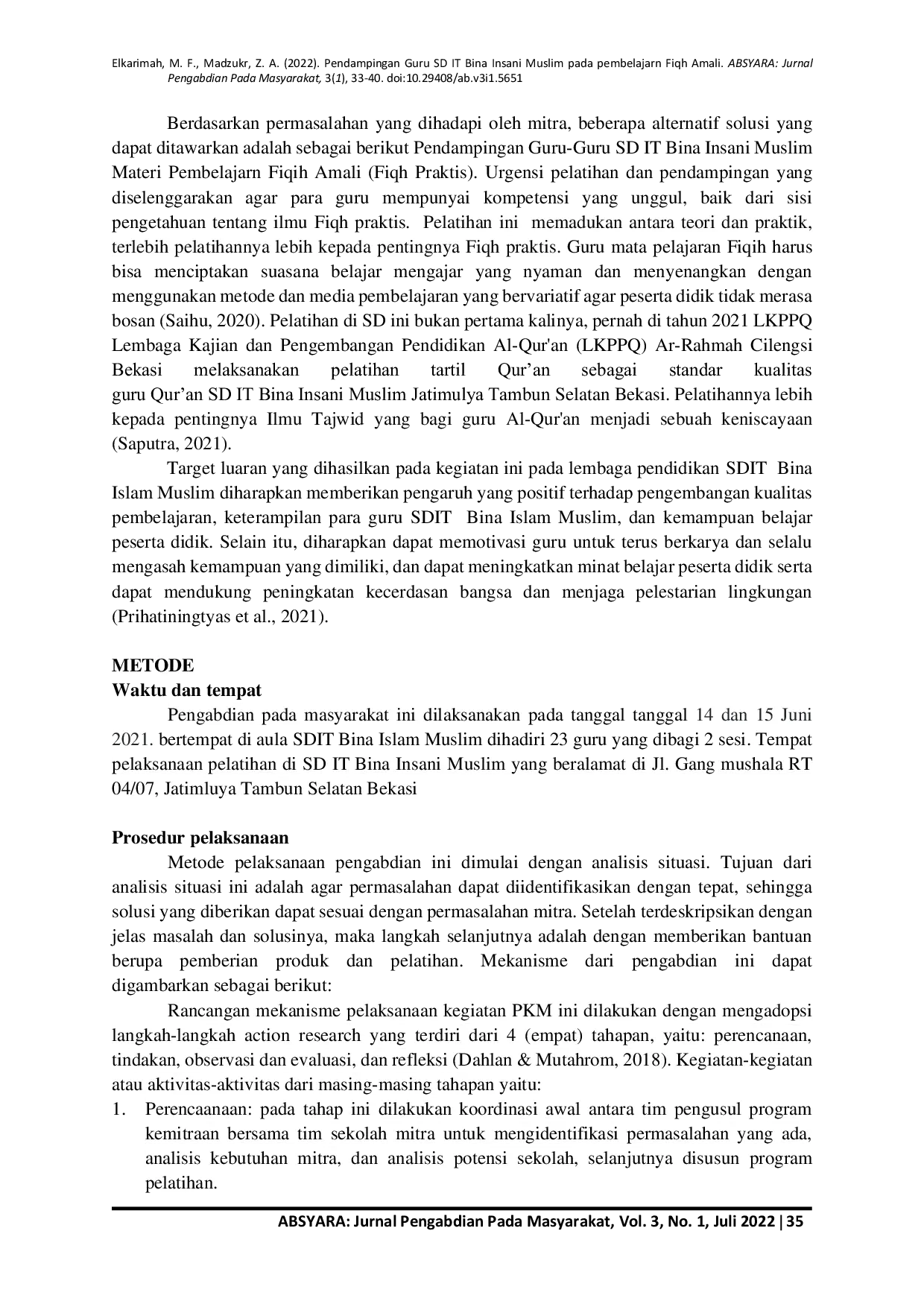 JURIS Pendampingan Guru Sd It Bina Insani Muslim Pada Pembelajarn Fiqh Amali