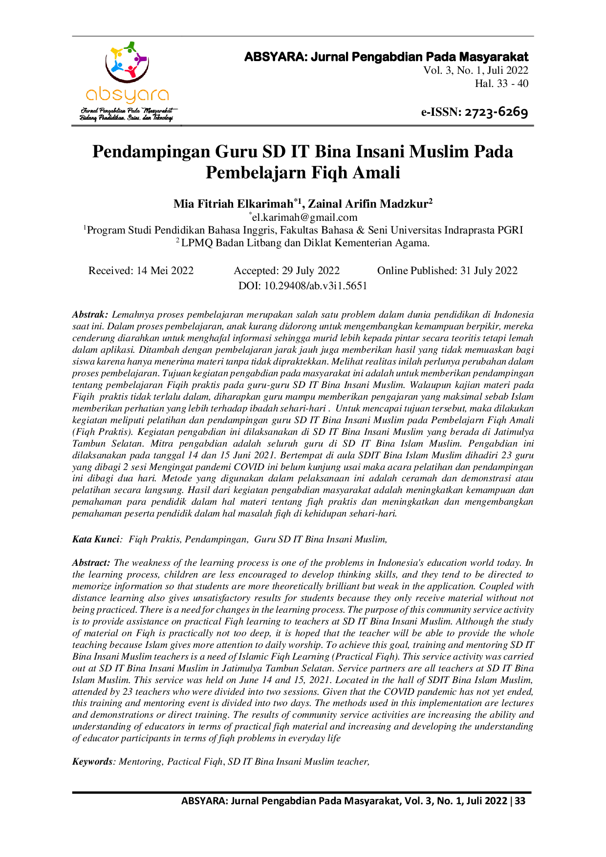 JURIS Pendampingan Guru Sd It Bina Insani Muslim Pada Pembelajarn Fiqh Amali