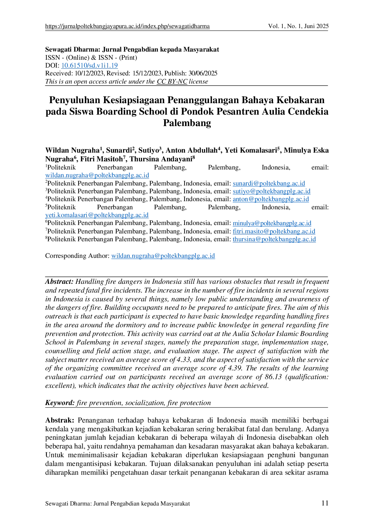 JURIS Penyuluhan Kesiapsiagaan Penanggulangan Bahaya Kebakaran pada Siswa Boarding School di Pondok Pesantren Aulia Cendekia Palembang