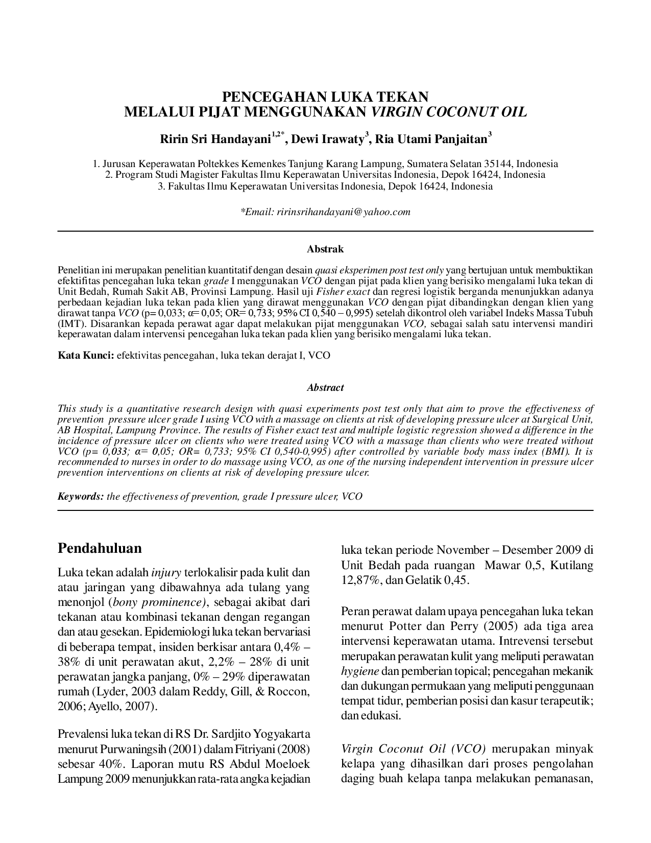 juris Pencegahan Luka Tekan Melalui Pijat Menggunakan Virgin Coconut Oil