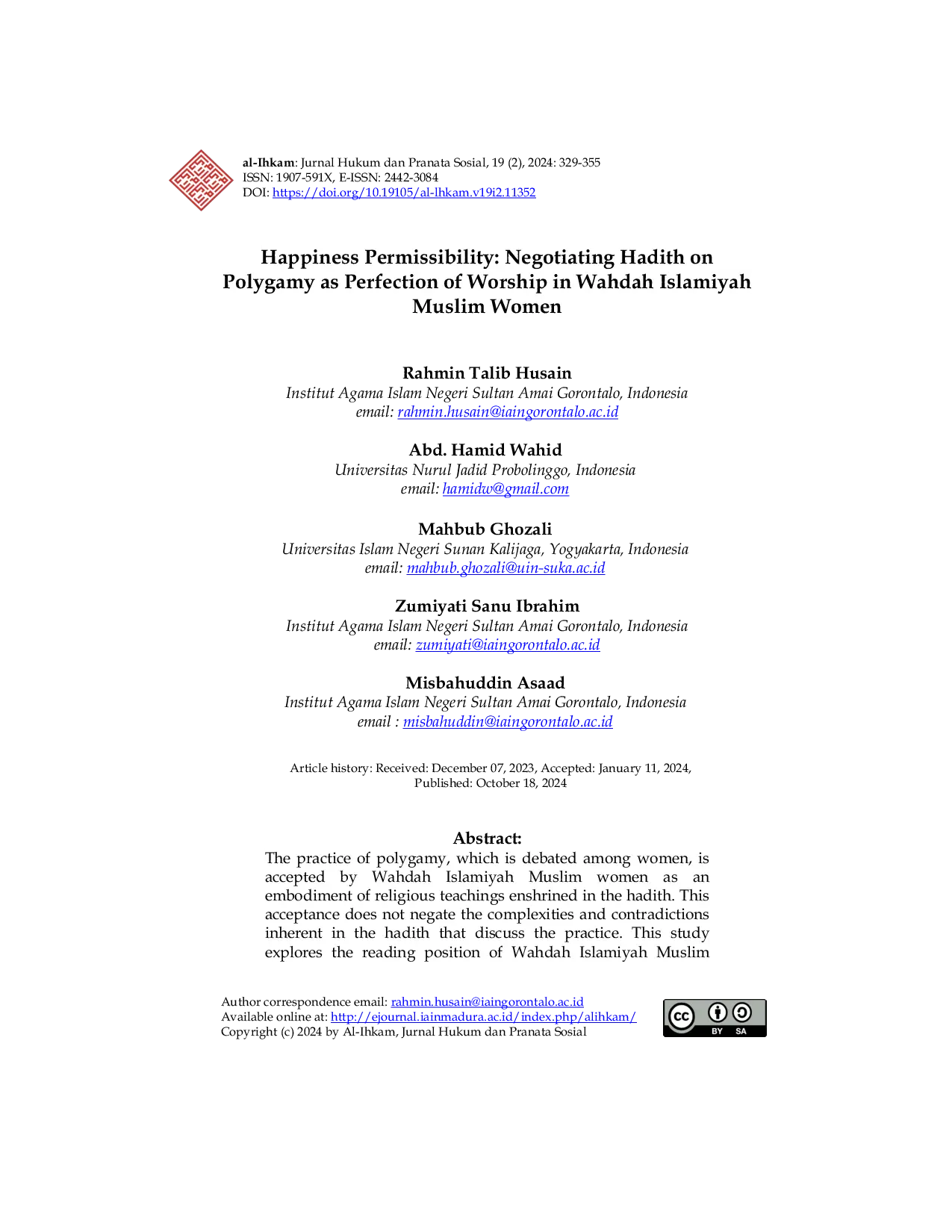 JURIS Happiness Permissibility Negotiating Hadith on Polygamy as Perfection of Worship in Wahdah Islamiyah Muslim Women