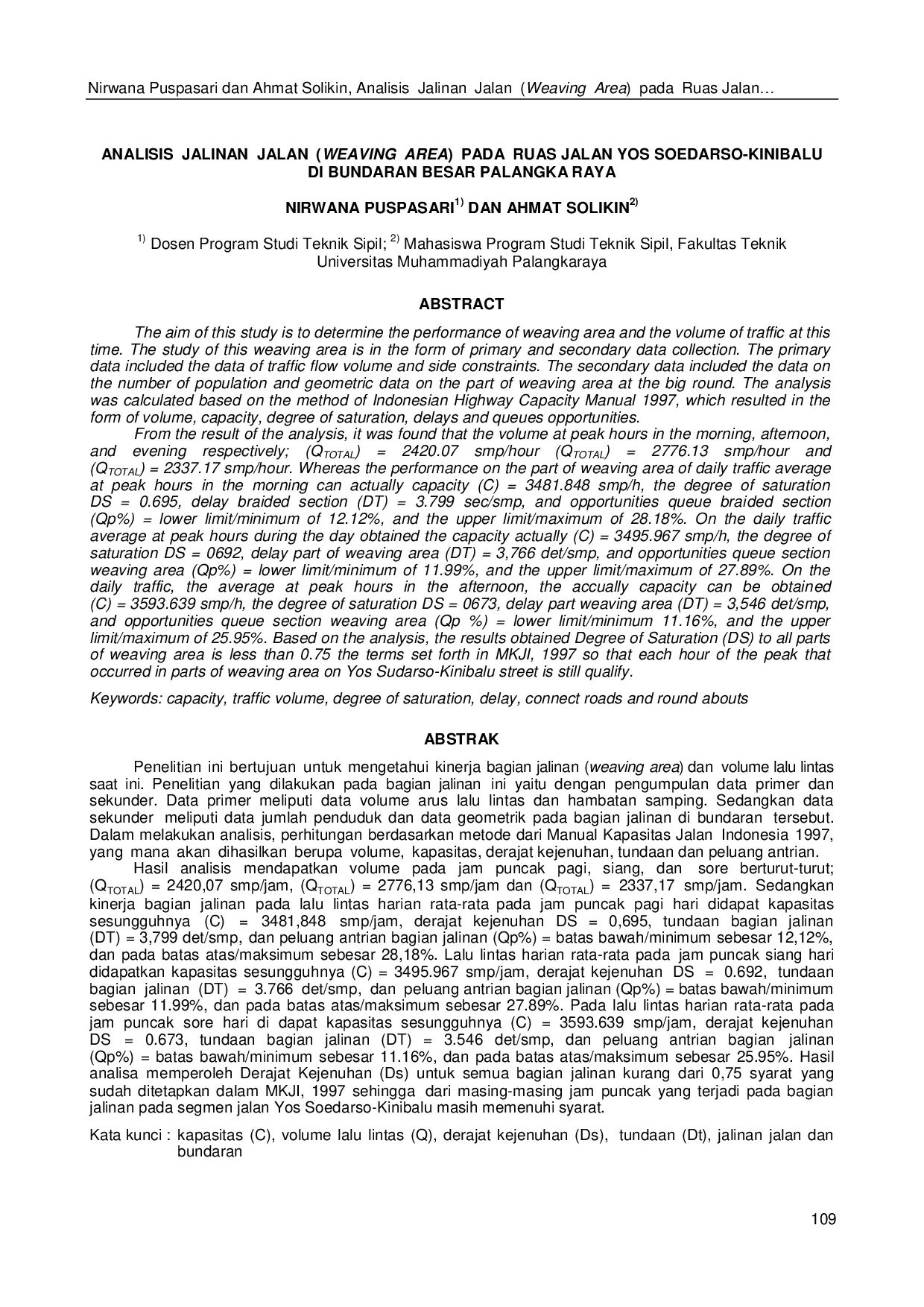 JURIS Analisis Jalinan Jalan WEAVING AREA pada Ruas Jalan Yos Soedarso Kinibalu di Bundaran Besar Palangka Raya
