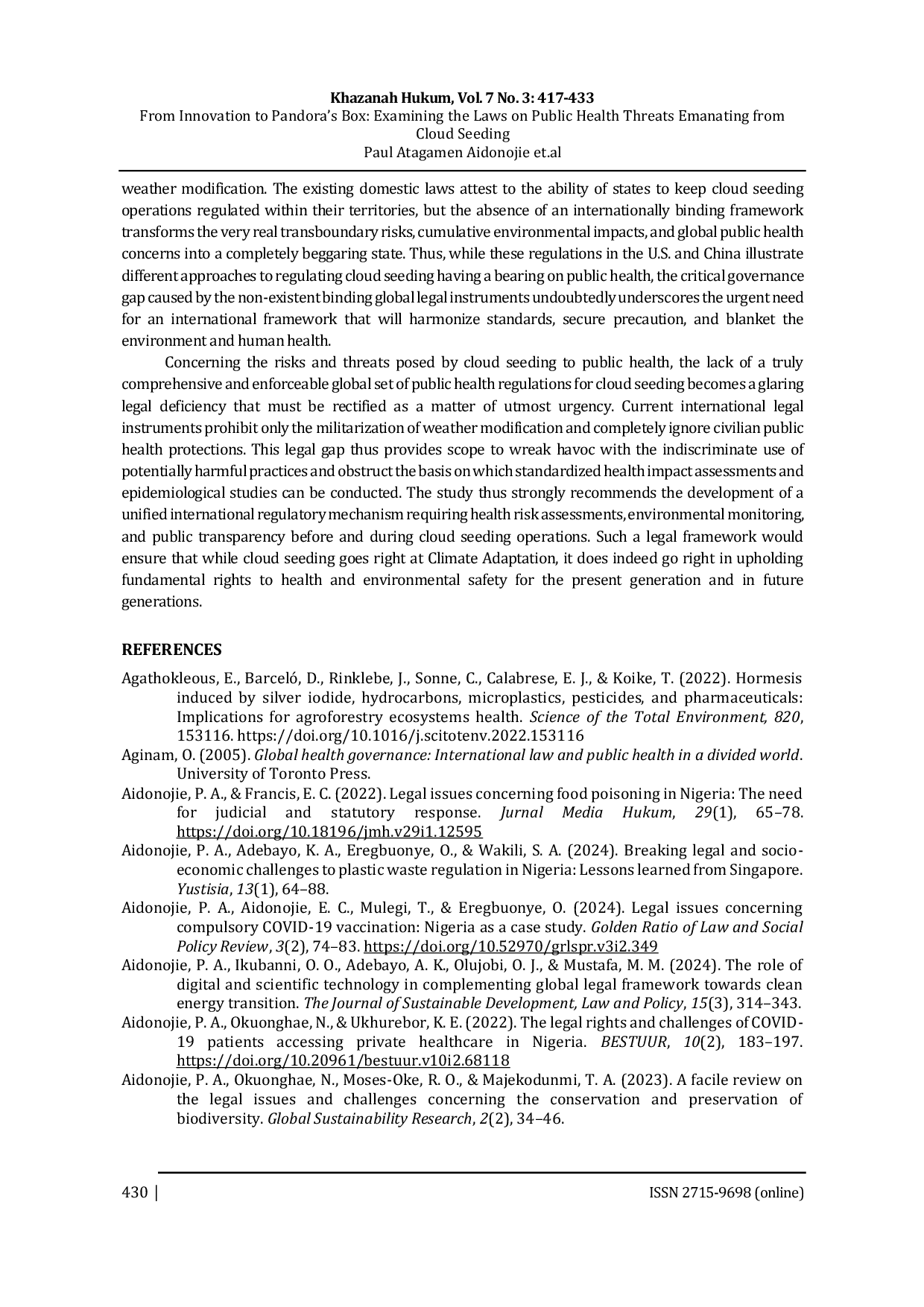 JURIS From Innovation to Pandora s Box Examining the Laws on Public Health Threats Emanating from Cloud Seeding