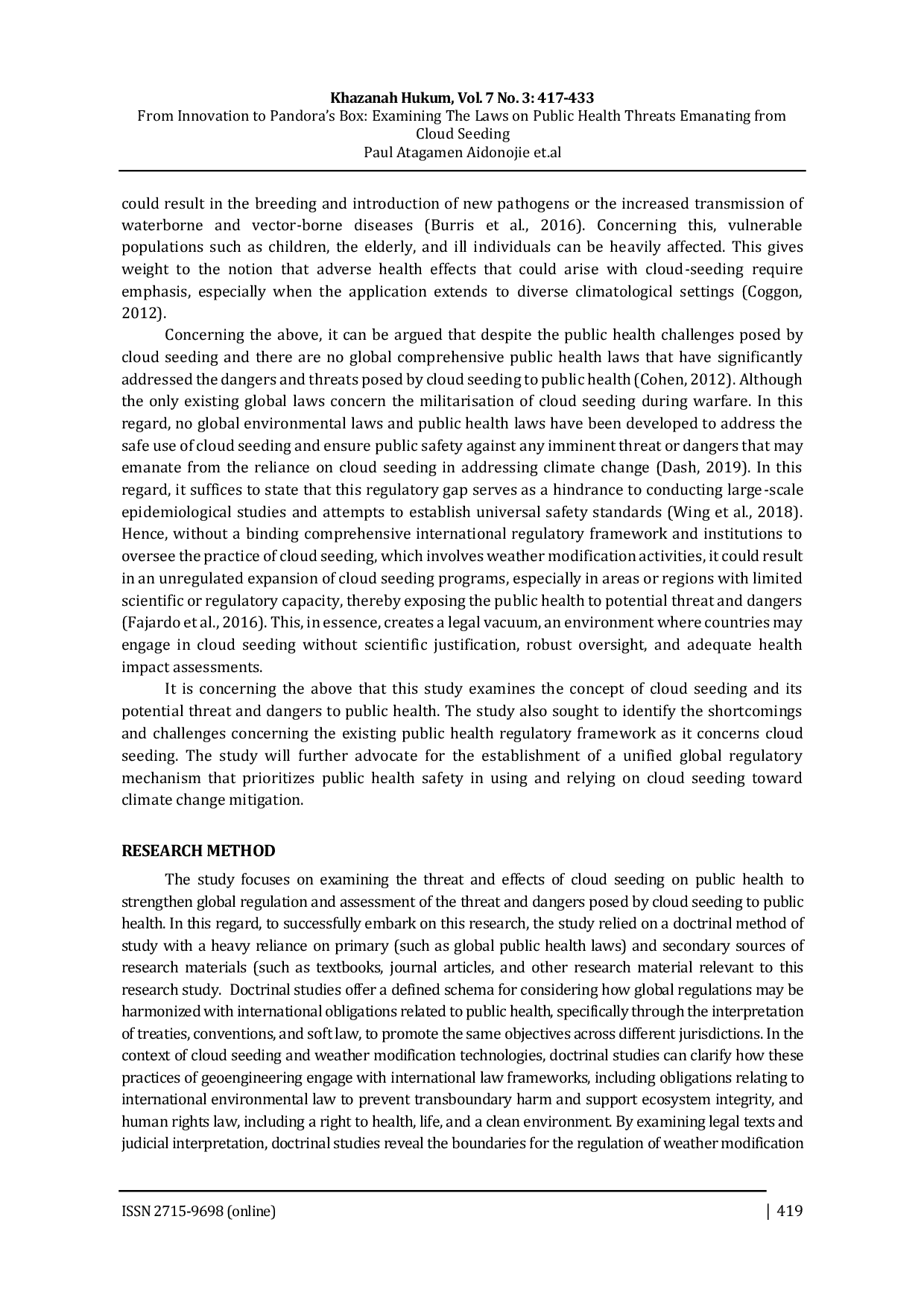 JURIS From Innovation to Pandora s Box Examining the Laws on Public Health Threats Emanating from Cloud Seeding