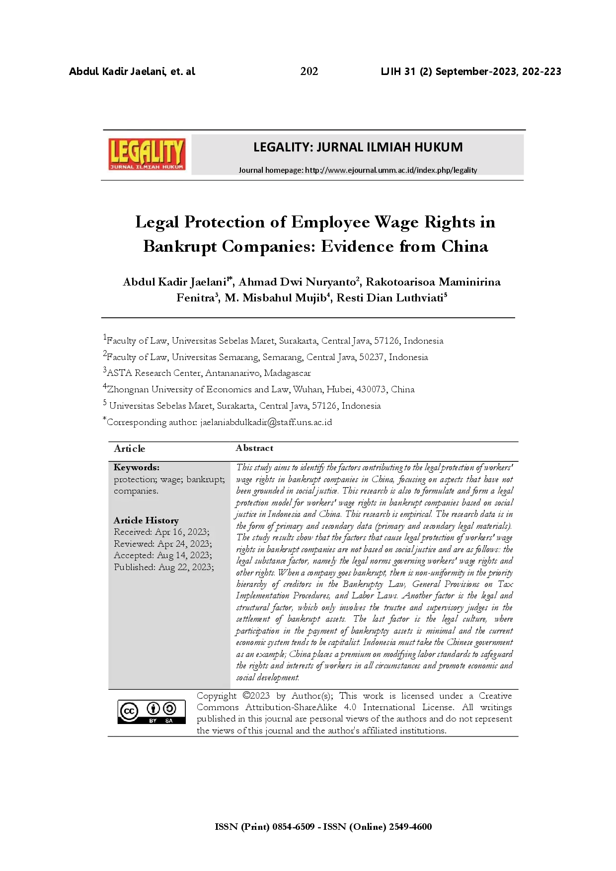 juris Legal protection of employee wage rights in bankrupt companies evidence from China