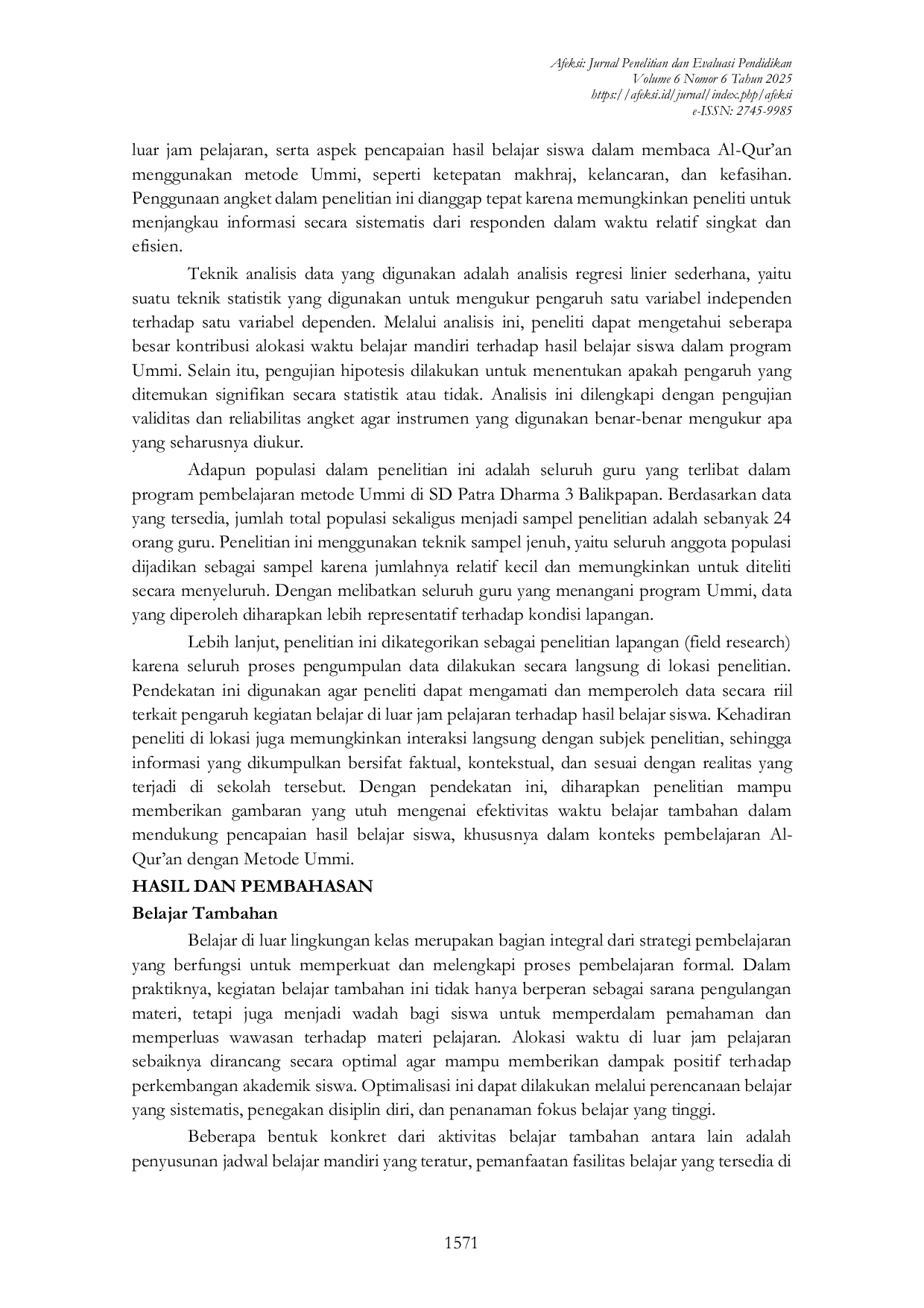 JURIS Pengaruh Waktu Belajar di Luar Jam Pelajaran Terhadap Hasil Belajar Ummi di SD Patra Dharma 3 Balikpapan