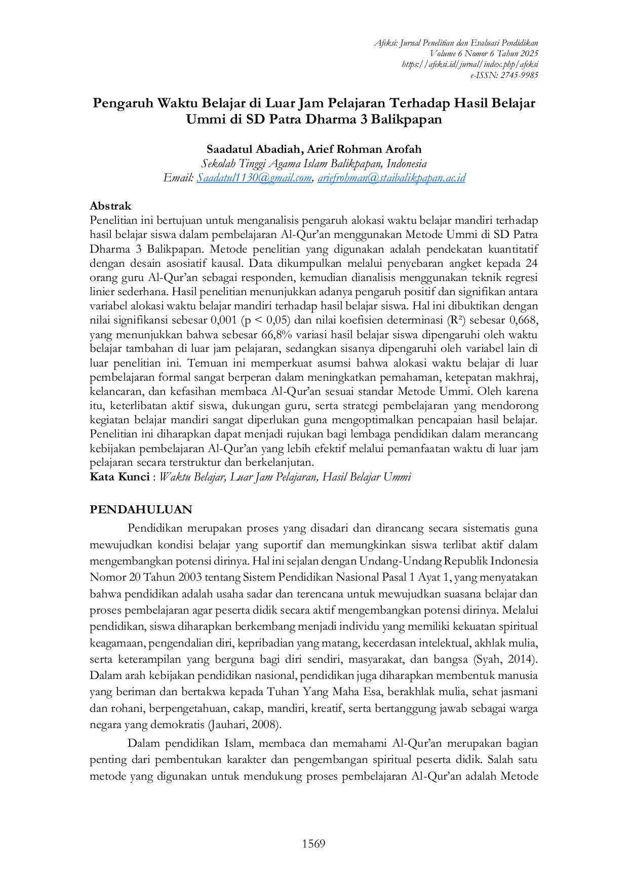 JURIS Pengaruh Waktu Belajar di Luar Jam Pelajaran Terhadap Hasil Belajar Ummi di SD Patra Dharma 3 Balikpapan