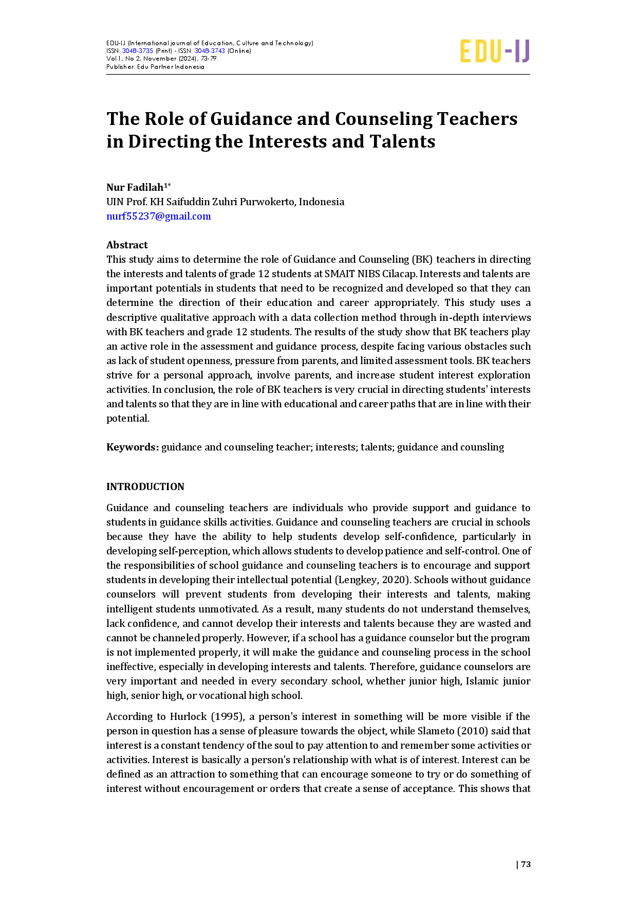 juris The Role of Guidance and Counseling Teachers in Directing the Interests and Talents