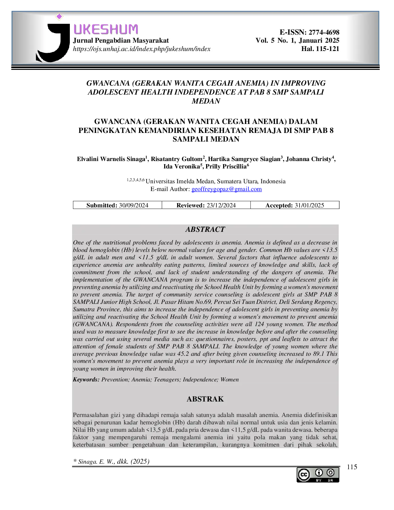 JURIS GWANCANA Women s Movement to Prevent Anemia in Improving Adolescent Health Independence at PAB 8 Middle School Sampali Medan GWANCANA Gerakan Wanita Cegah Anemia Dalam Peningkatan Kemandirian Kes