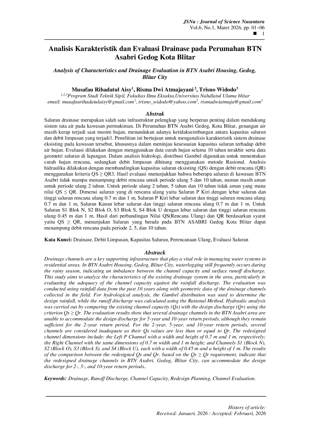 JURIS Analisis Karakteristik dan Evaluasi Drainase pada Perumahan BTN Asabri Gedog Kota Blitar